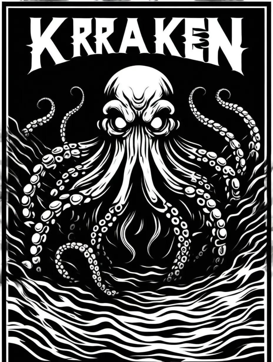 1970s kraken horror movie poster 'Death Grip', in the style of Jim Phillips, black and white, stencil, minimalist, simplicity, vector art, negative space, isolated on black background --v 5.2