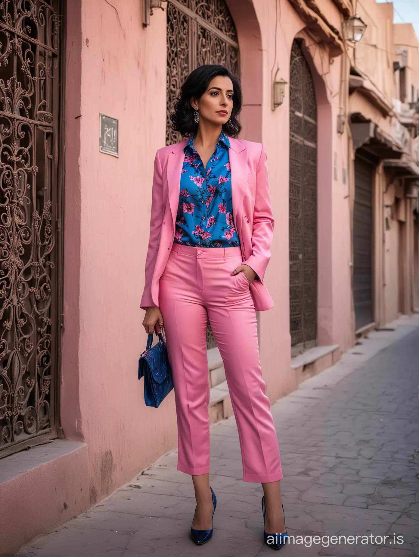 Iranian woman 40  years old, pink suits with blue flower pattern, blue shirt, white high heels , black hair, full body shot, pink lipsticks, in Kashan street, dramatic lighting