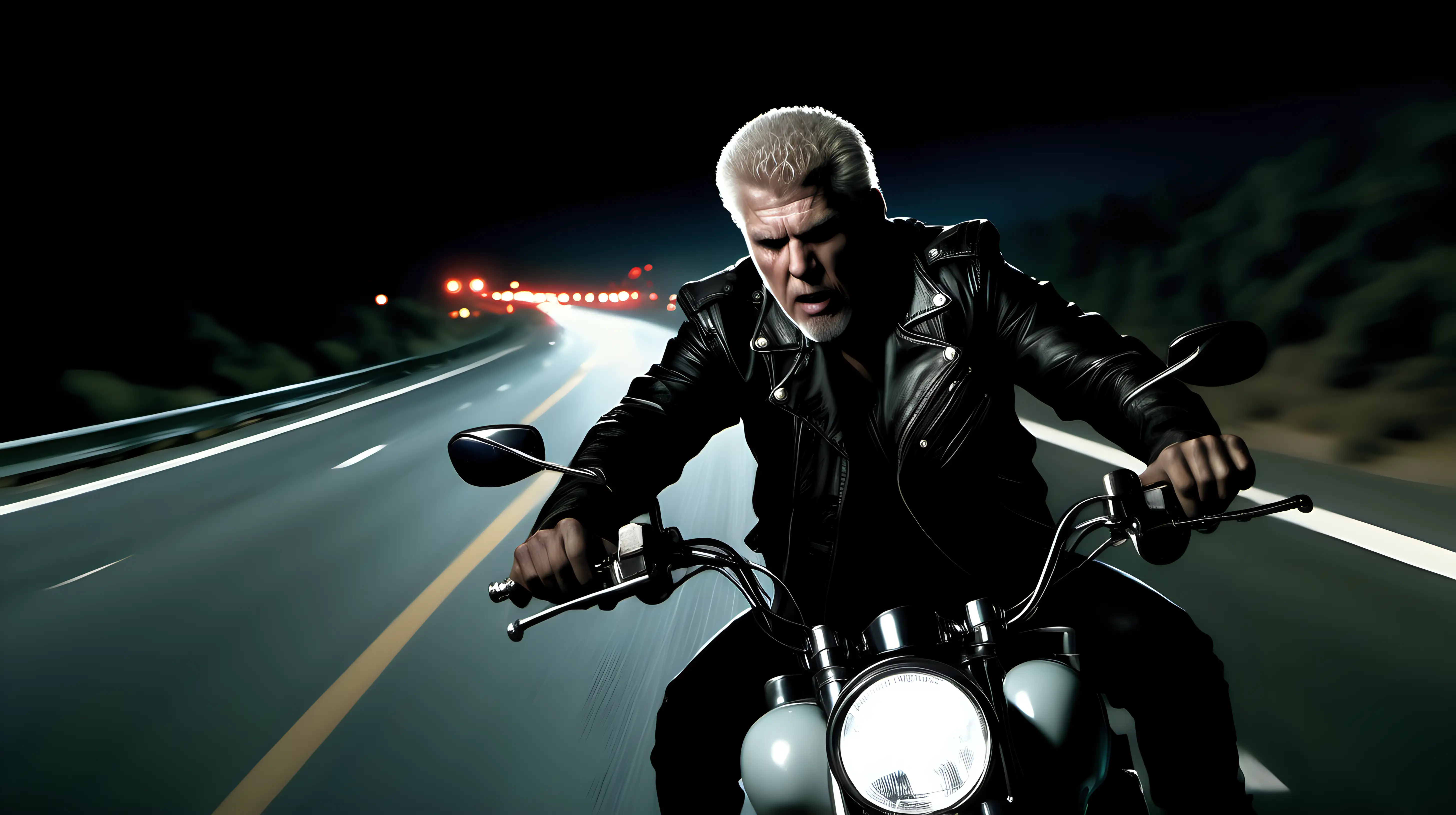 Time of day: Night
Subject: A biker, navigating the highway
Setting: Riding a motorcycle on a dark, winding highway at night
Background: The open road stretches ahead, with only the beam of the bike's headlight piercing the darkness
Style/Coloring: A sense of freedom and speed on the nighttime highway, illuminated by the bike's headlight
Action: The biker rides along the highway, experiencing a sudden assault as the woman (resembling Natalie Portman) in the car ahead throws a handful of coins at him. The coins are visible in mid-air, glinting in the headlight's beam, and some have struck the biker in the face, momentarily startling him.
Items: The motorcycle, the dark highway, and the car ahead contribute to the dynamic scene, with coins suspended in the air
Costume/Appearance: The biker, bearing a resemblance to Ron Perlman, is dressed in his rugged leather jacket and jeans, typical of his persona
Accessories: The coins thrown by the woman, the dark night highway, and the car ahead, with its unexpected action, create a tense and startling moment in the night