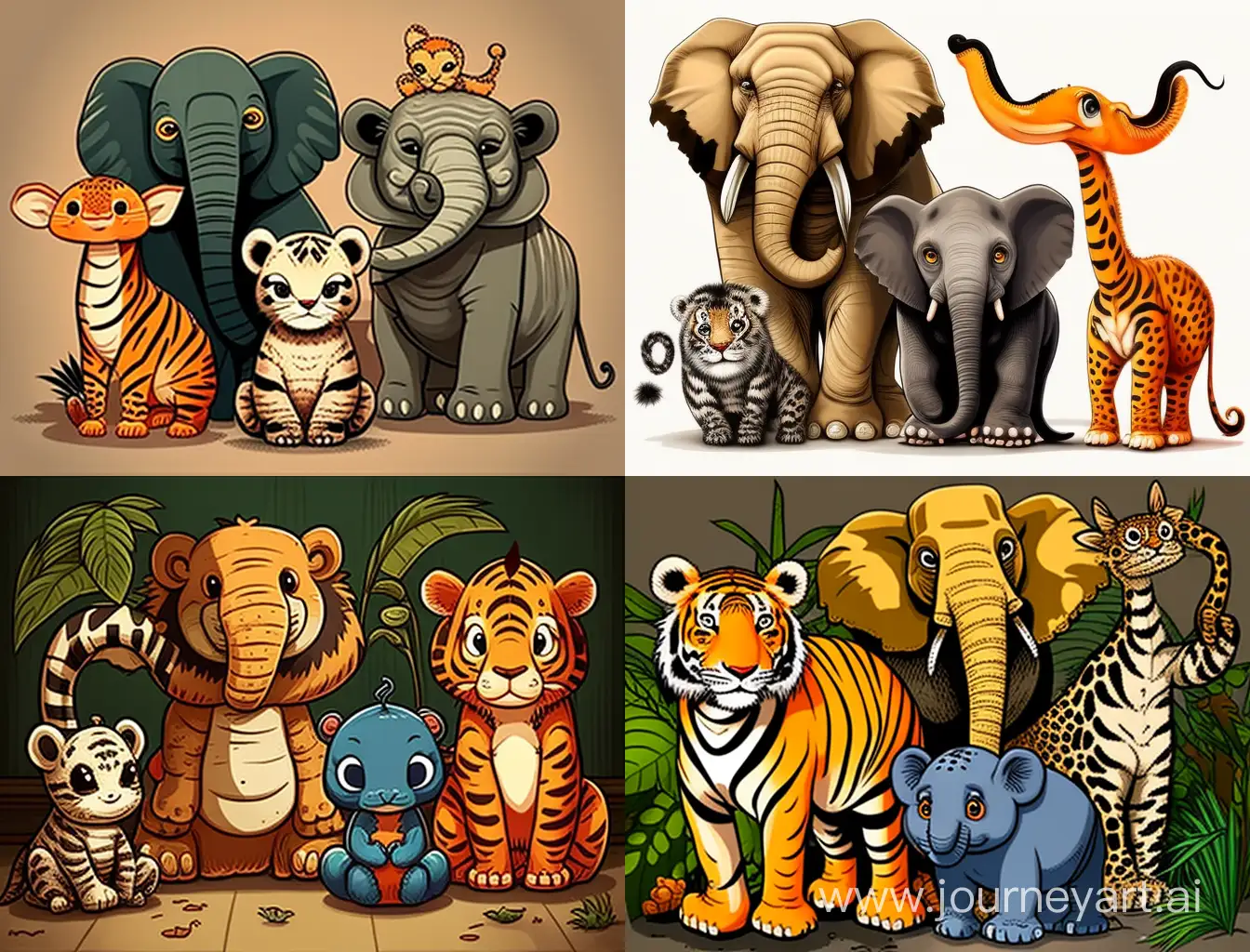 cartoon, cute four animals: elephant, tiger, parot and snake