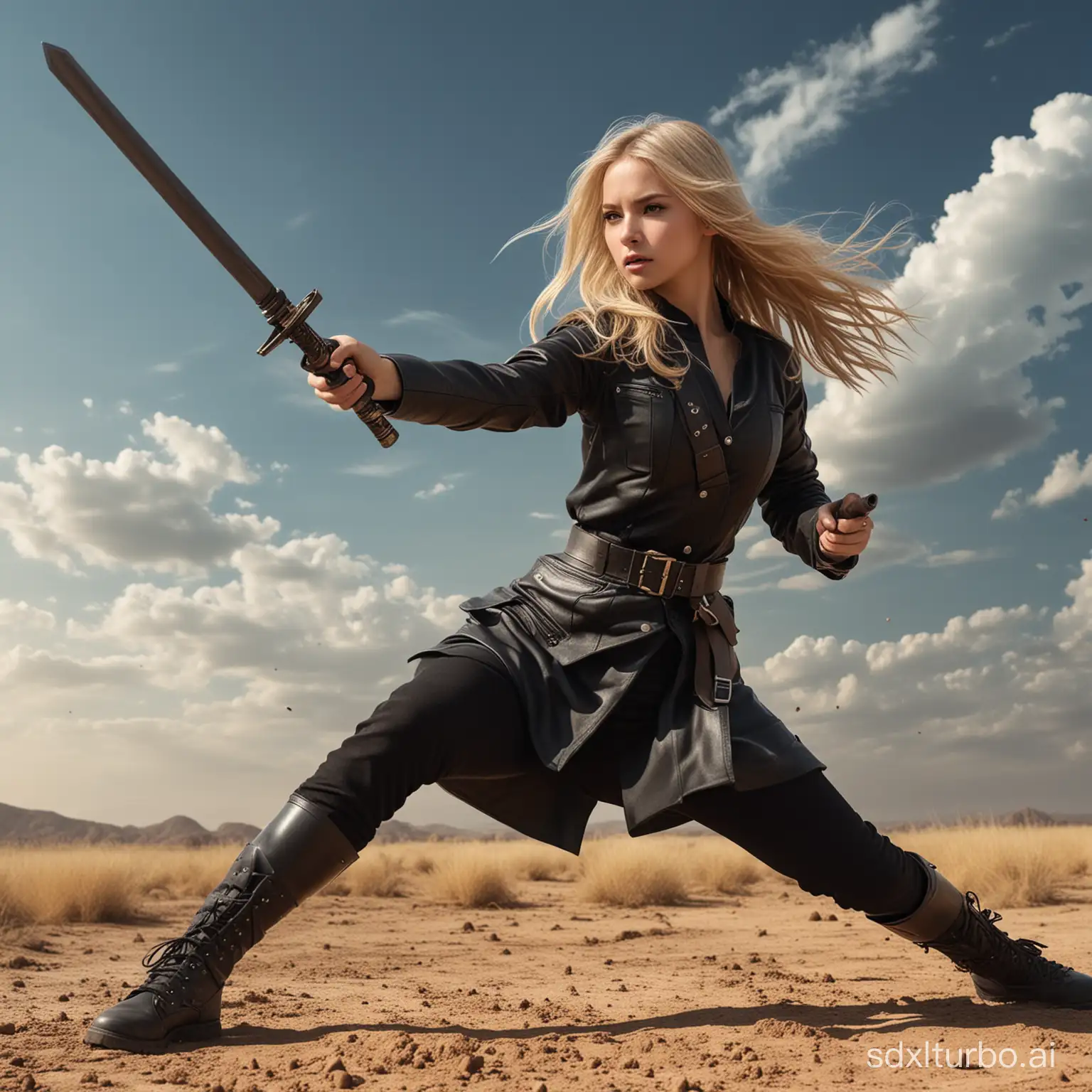 action movie style poster, ground and fantastic sky background, cute girl shooting a bullet, full body, long Blonde hair, realistic, masterpiece, best quality, ultra-detailed, beautiful and lovely, 20s, black clothes, martial arts, fighting, warrior, sword, dynamic