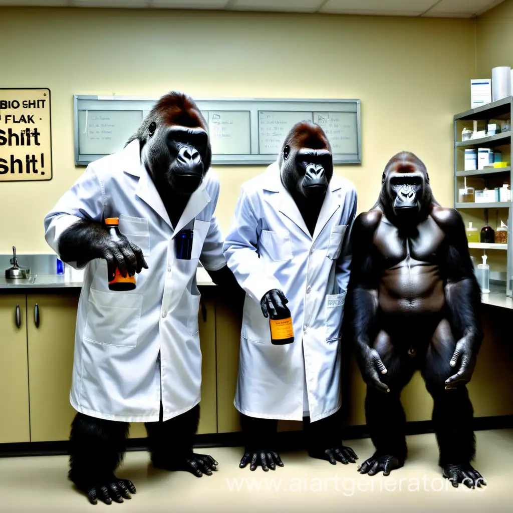 Две гориллы в лаборанта в лабораторных халатах и одна горилла в костюме стоят в лаборатории На стене табличка «БИОЭН ХУЙНЯ» на столе колба с битумом 