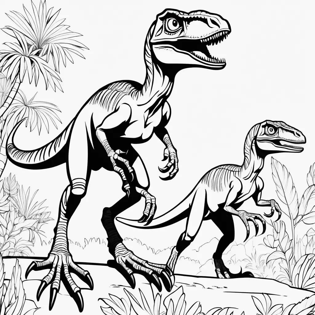 Cartoon Velociraptors Coloring Page with High Depth of Field 8K