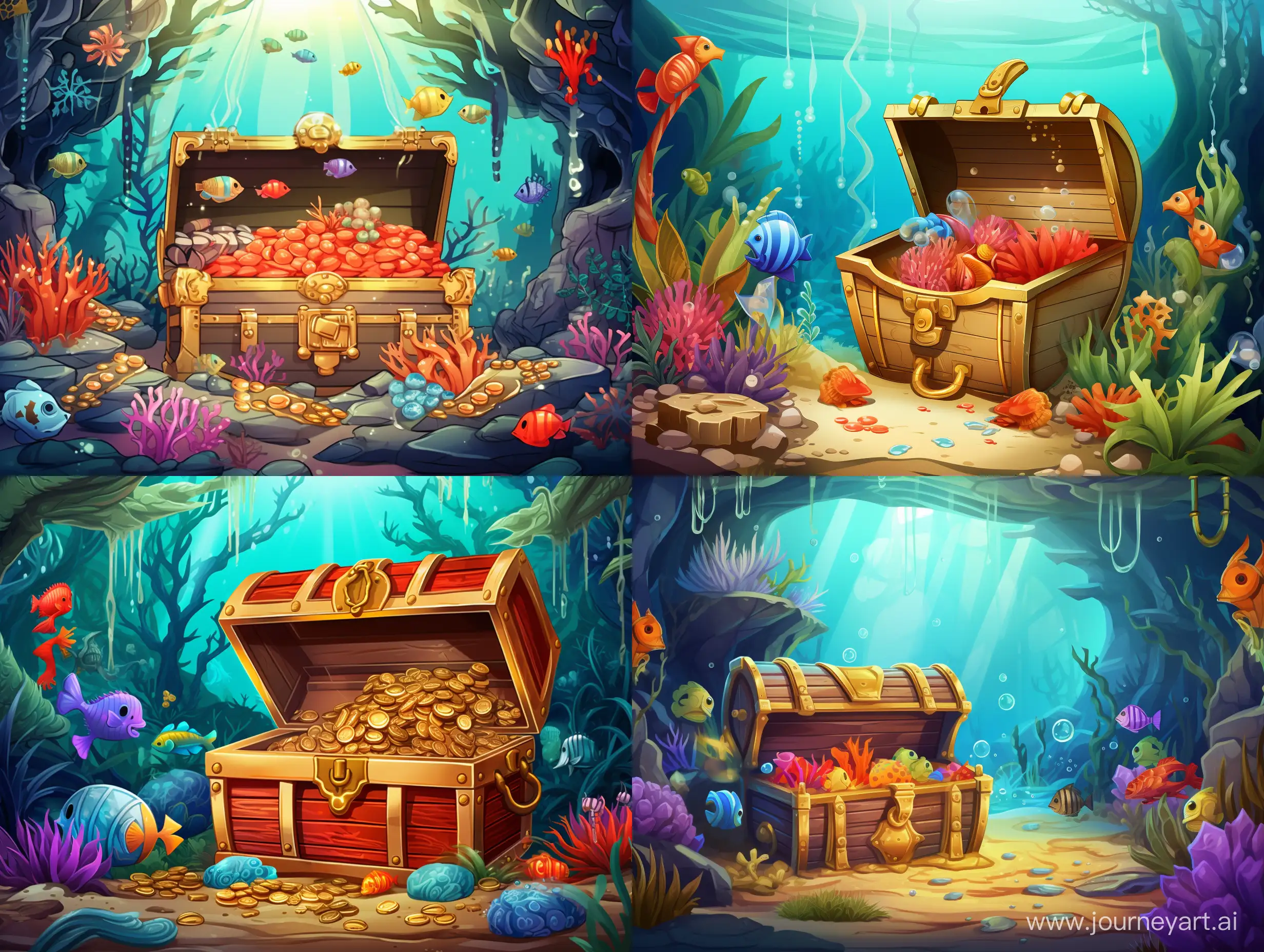 Underwater-Treasure-Chest-with-Gold-Coins-Gemstones-and-Tropical-Fish