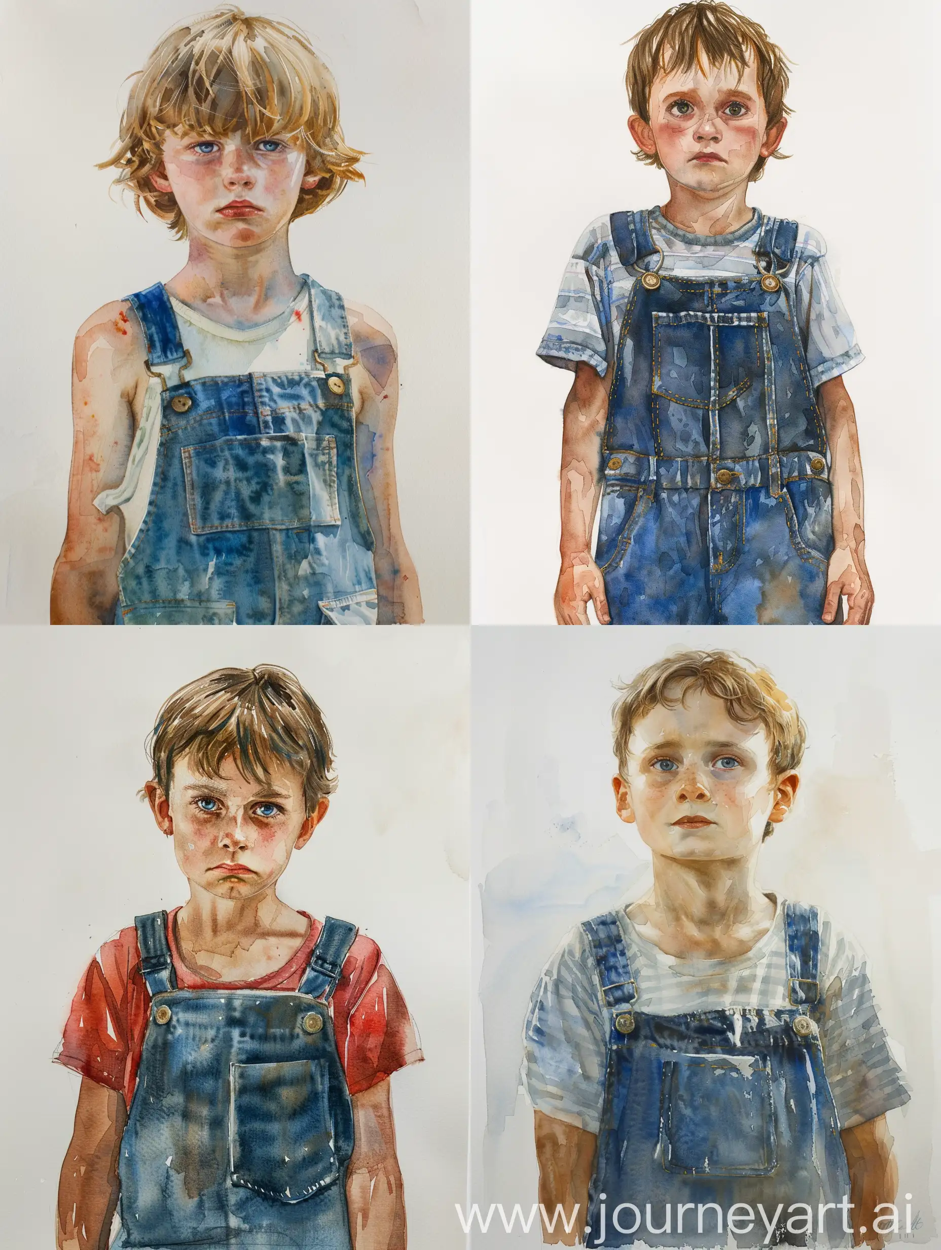 Pale-Watercolor-Portrait-of-a-Youthful-Boy-in-Overalls