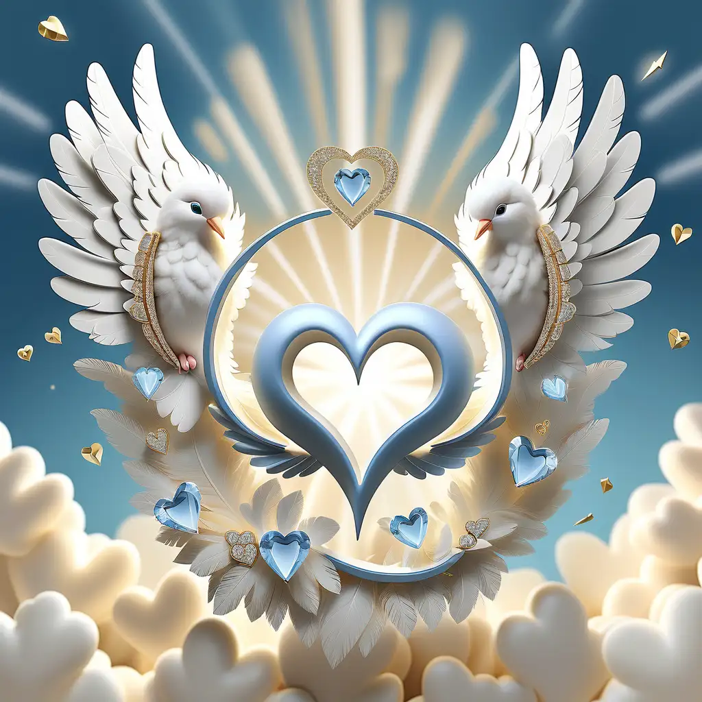 Create a heavenly 3D artwork featuring the name
“Mommy
”
in the center with a glittering diamond effect on the letters.
Above the name, place a radiant halo and attach two angelic
wings spread outward, both shimmering with a realistic
feather texture. Below the name, include the years '1964 -
2023' to commemorate a lifespan. The background should
be a serene sky with soft clouds and a bright, divine light
shining from above. Integrate peaceful doves flying around
and diamond hearts and gems scattered below,
symbolizing love and memory. The colors should be soft
and ethereal, with a focus on whites, blues, and sparkling
Gold to evoke a sense of tranquility and grace.