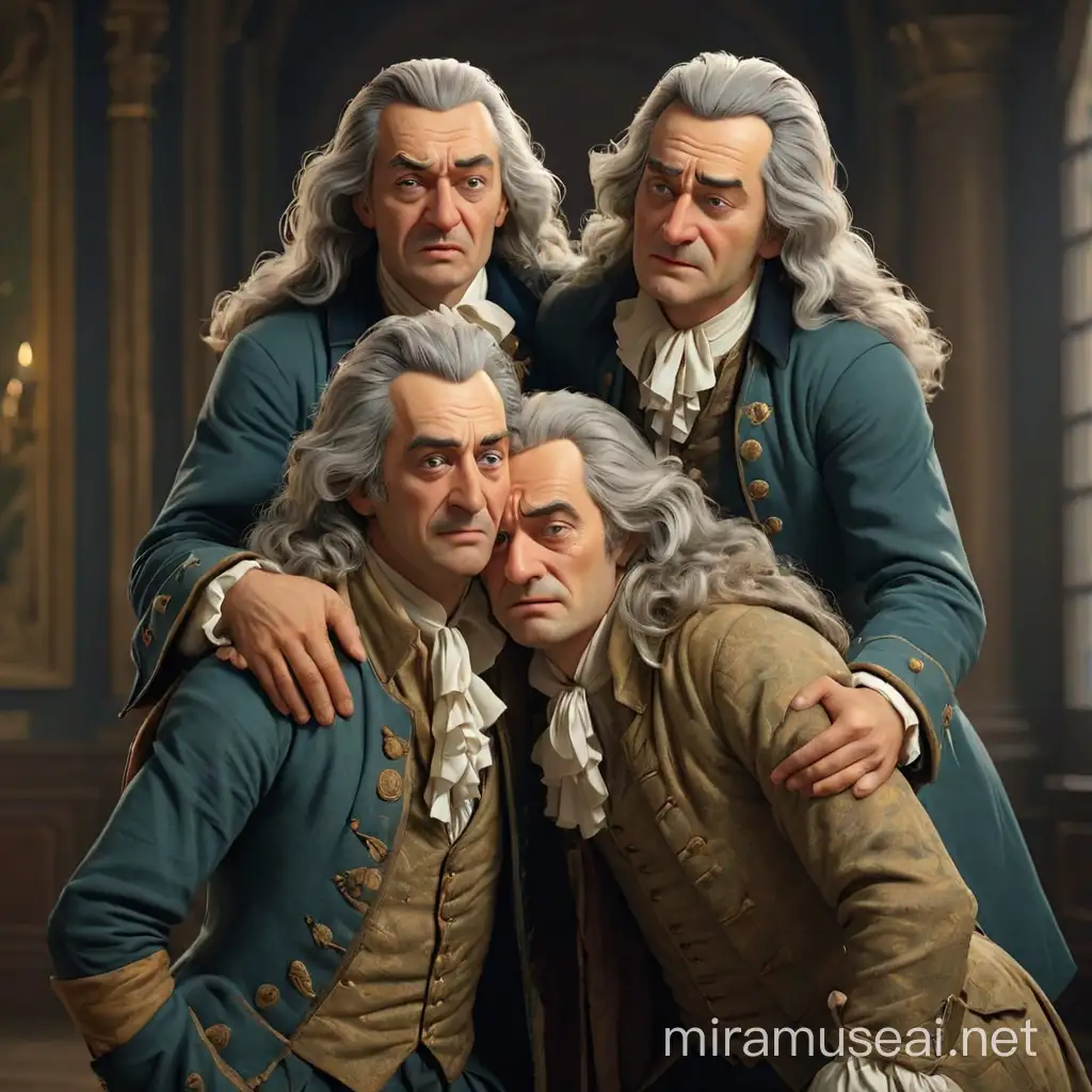 The philosopher Voltaire and two other men in 18th century costumes. three persons. they hug each other's shoulders and cry. they are very sad and depressed. they are crying. we can see them in full height. In the style of 3d animation, realism.