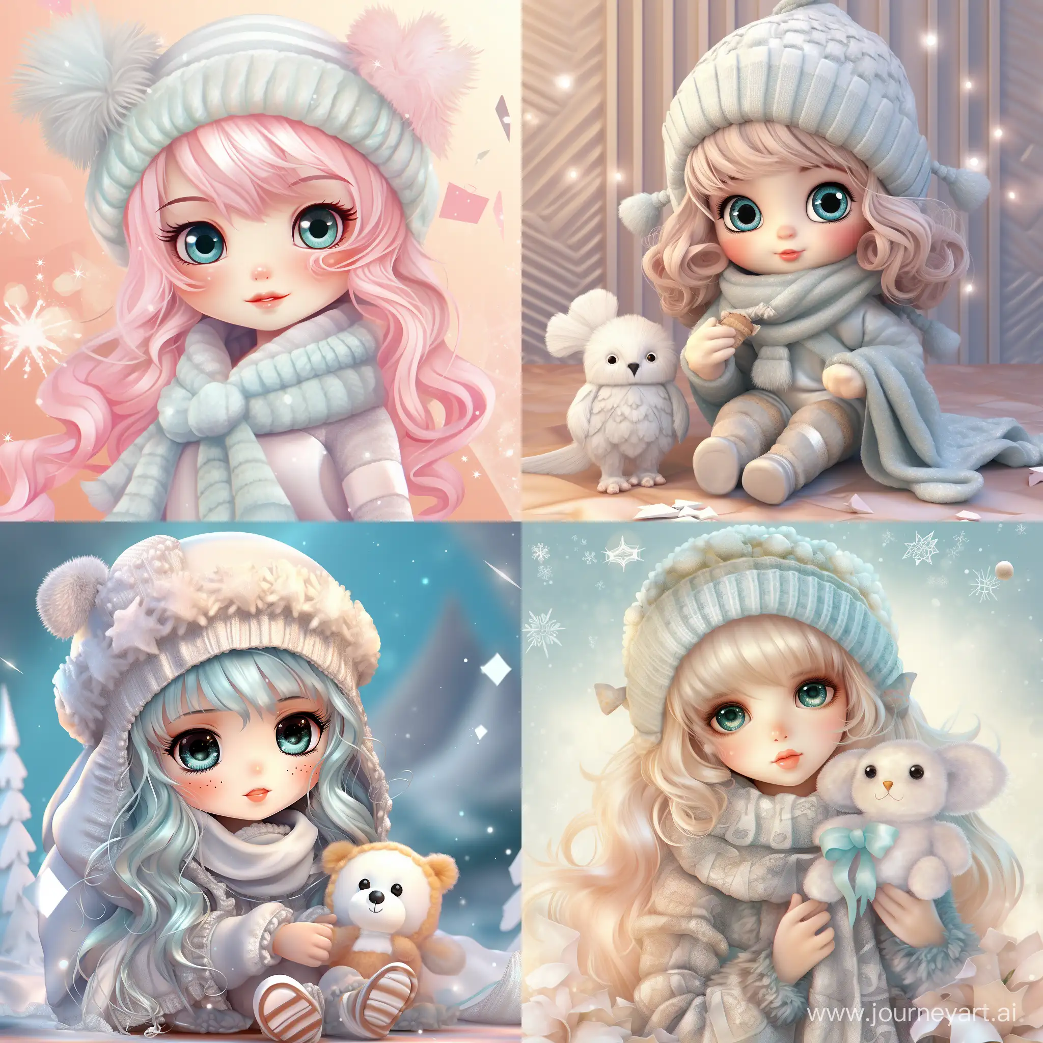 Cute angel in Tiffany style, full body, scarf, beanie, pastel colors, realistic, sequins, snowflakes, close-up, bright juicy saturated colors, drawing details, depth of field, diamond glitter, 300dpi, CGI, silver threads, digital painting, 72k