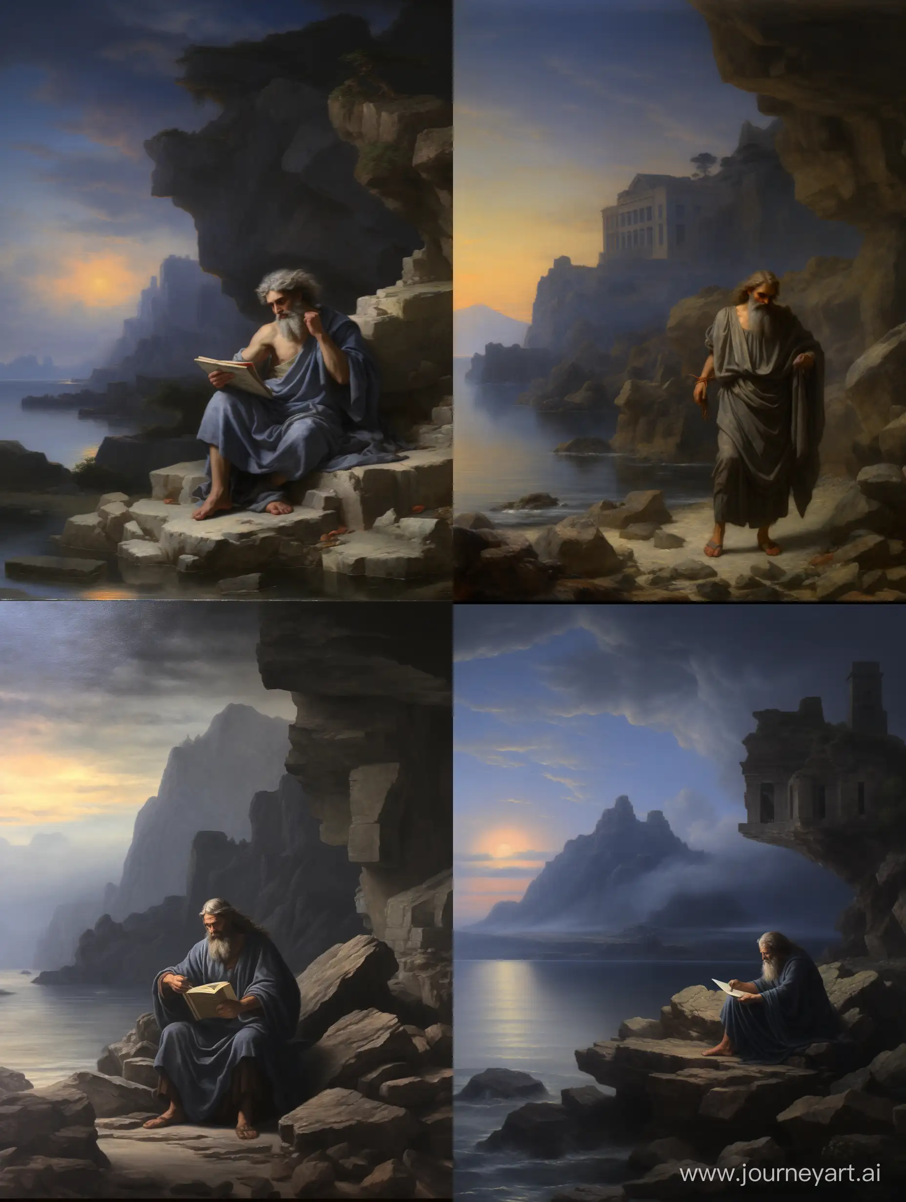 plato sitting on a rock on the shore of the Greek sea, is reading an ancient tablet and is confused, from the sea you see arriving a ship wrapped in fog, foggy ambience, dark, oil on canvas