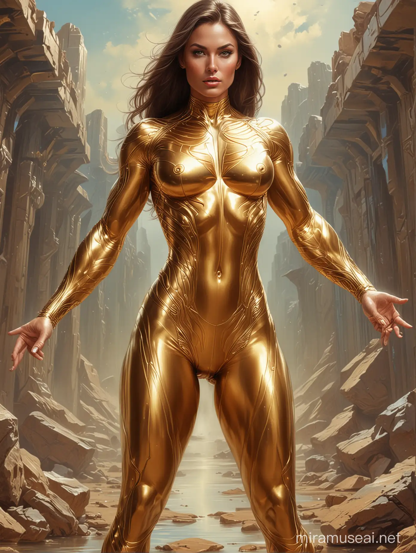 stunning sexy muscle superhero girl with a chiseled amazing body and mirrored golden full body long sleeve seamless tight sleek alien pattern suit, ready to save the world with their incredible strength and agility, boris vallejo art