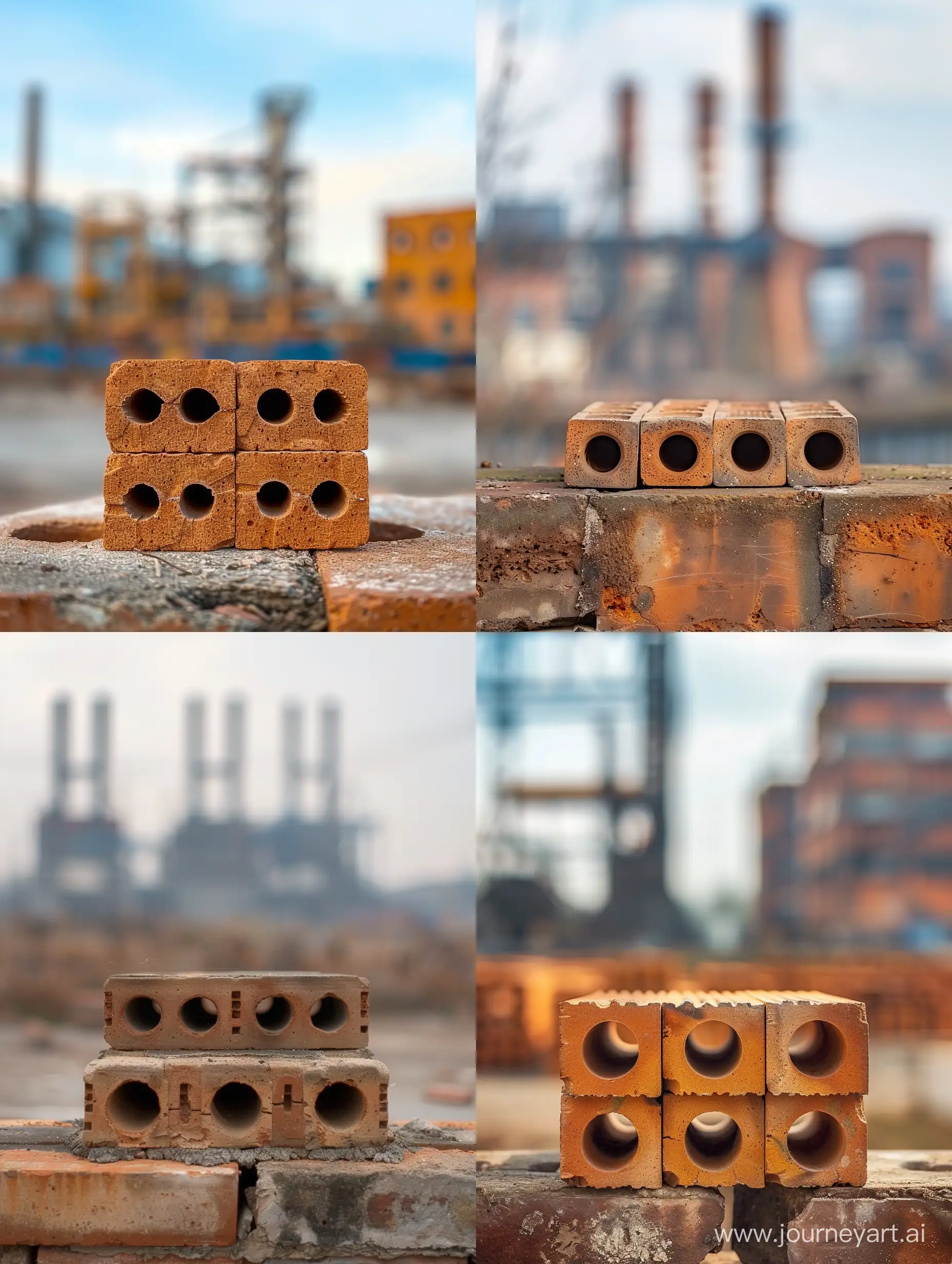 3 hole grooved brick palced on each other, the background is a brick factory blurred out