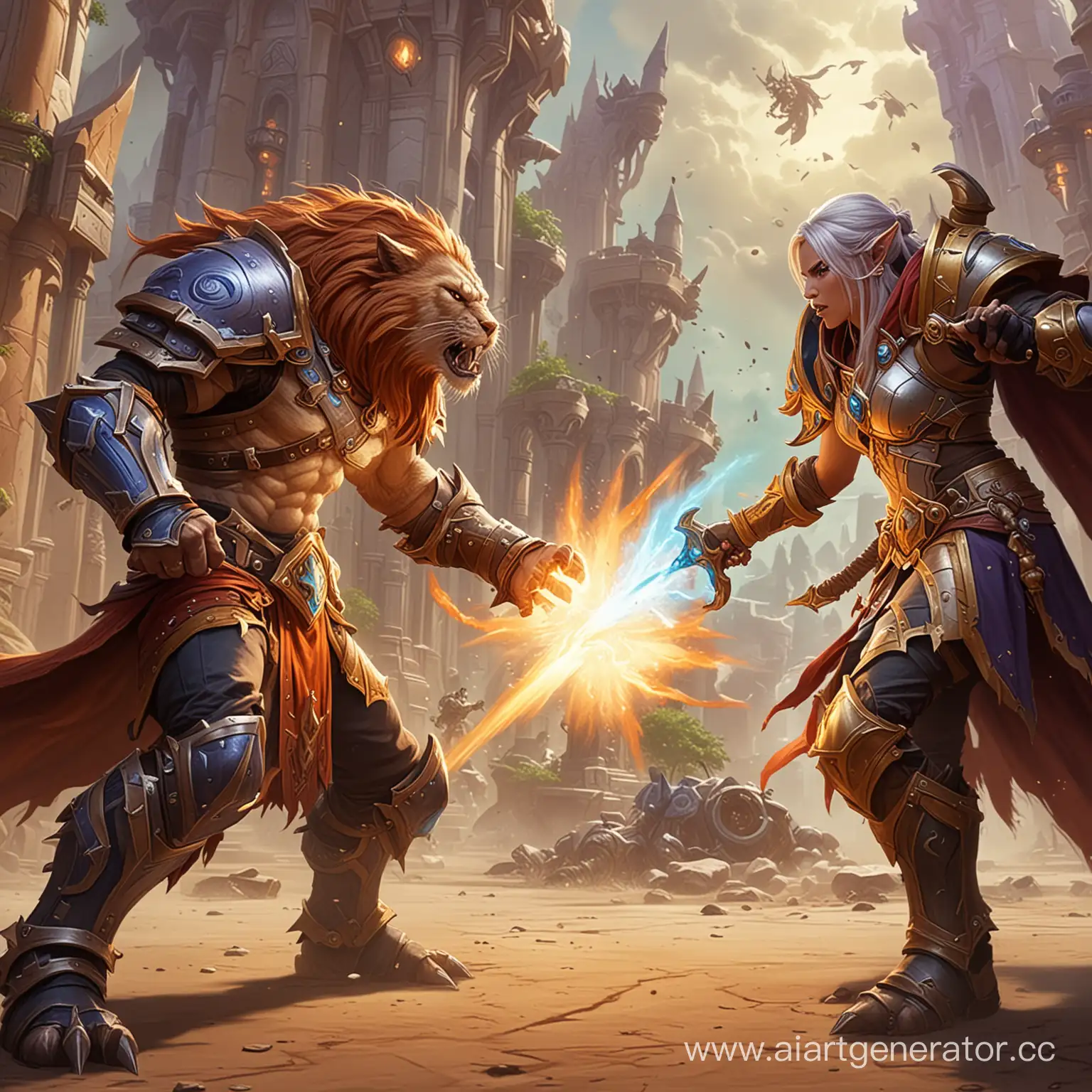 Ферал из вселенной World of Warcraft сражается с магом на арене награнда.