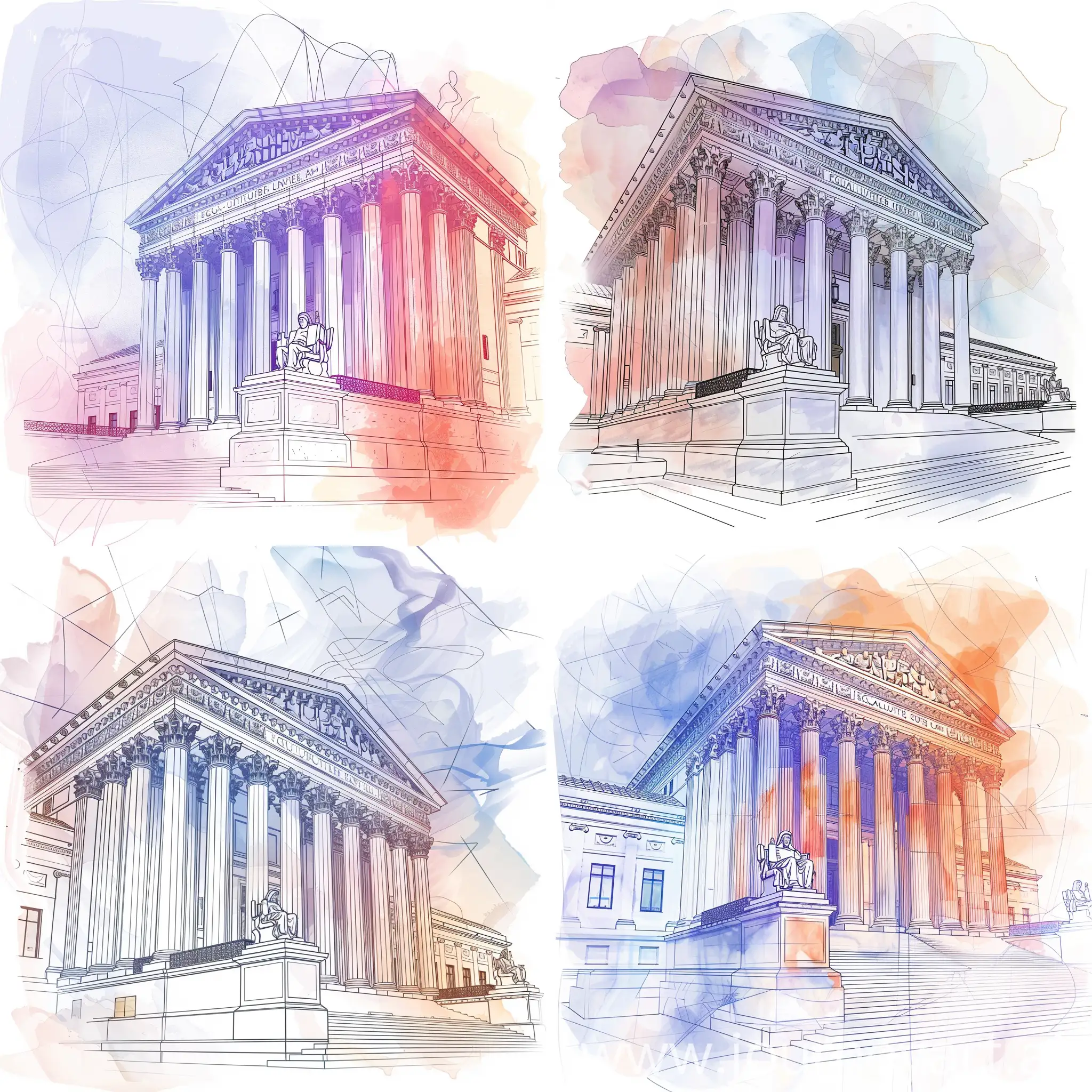 a clean and minimal illustration in a Ligne claire style illustrating the supreme court, 19th century style, fine line drawing style, architectural, watercolour tones, side angle, wide angle 