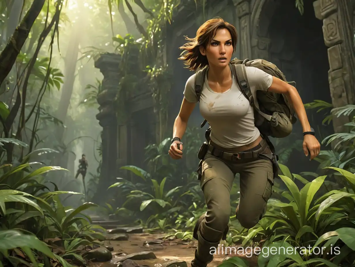 A mature Lara Croft is running in the jungle near the Temple of Light, she is wearing t-shirt, tight paints, boots, backpack and a couple of guns
