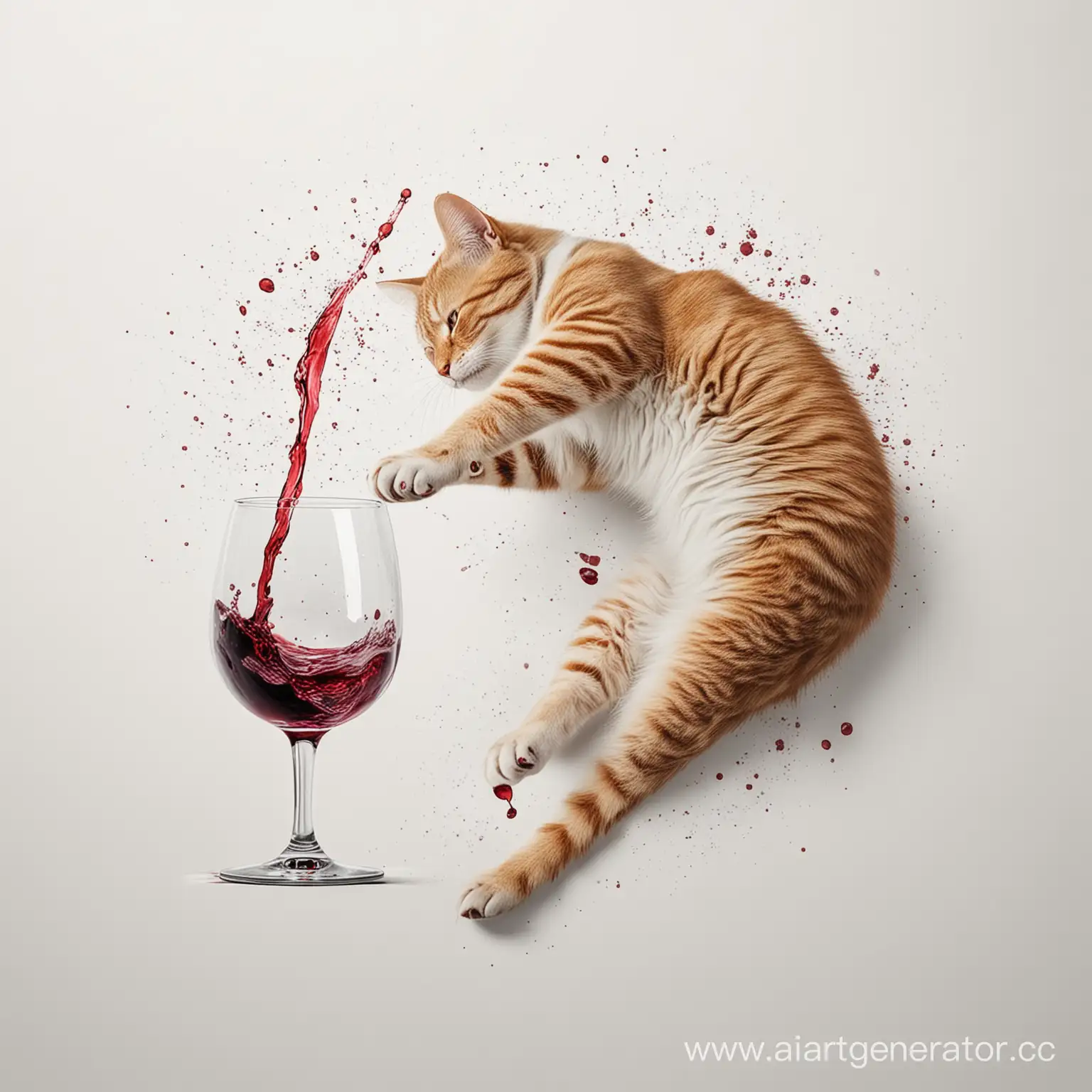Нарисуй кота, который лапой роняет бокал вина, которое разливается по поверхости на белом фоне. Вид изображения сверху.
