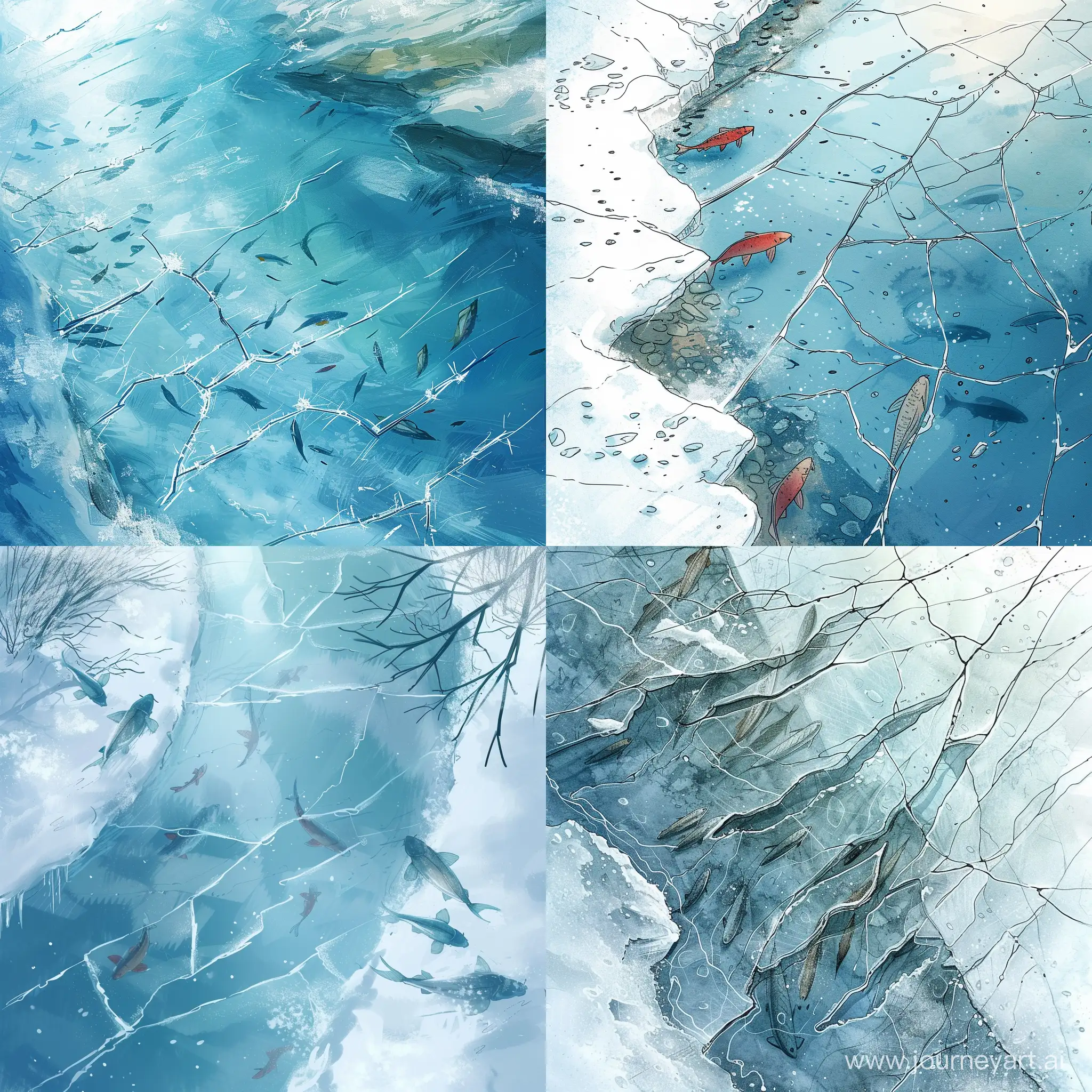 Enchanting-River-Scene-Crystal-Clear-Ice-Submerged-Fish-and-Whimsical-Snow-Patterns