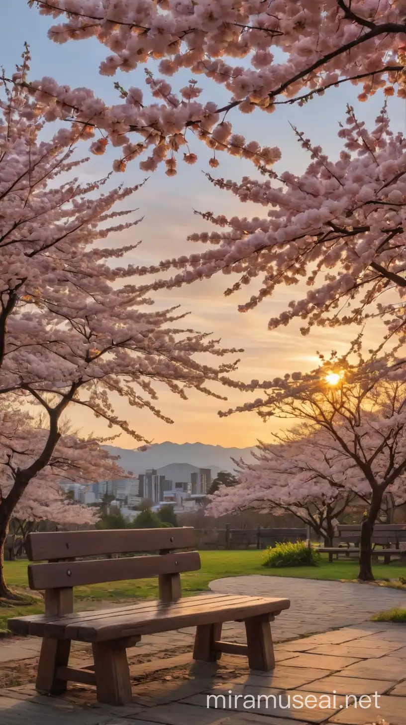 Cerezos en flor y un banco de madera al atardecer