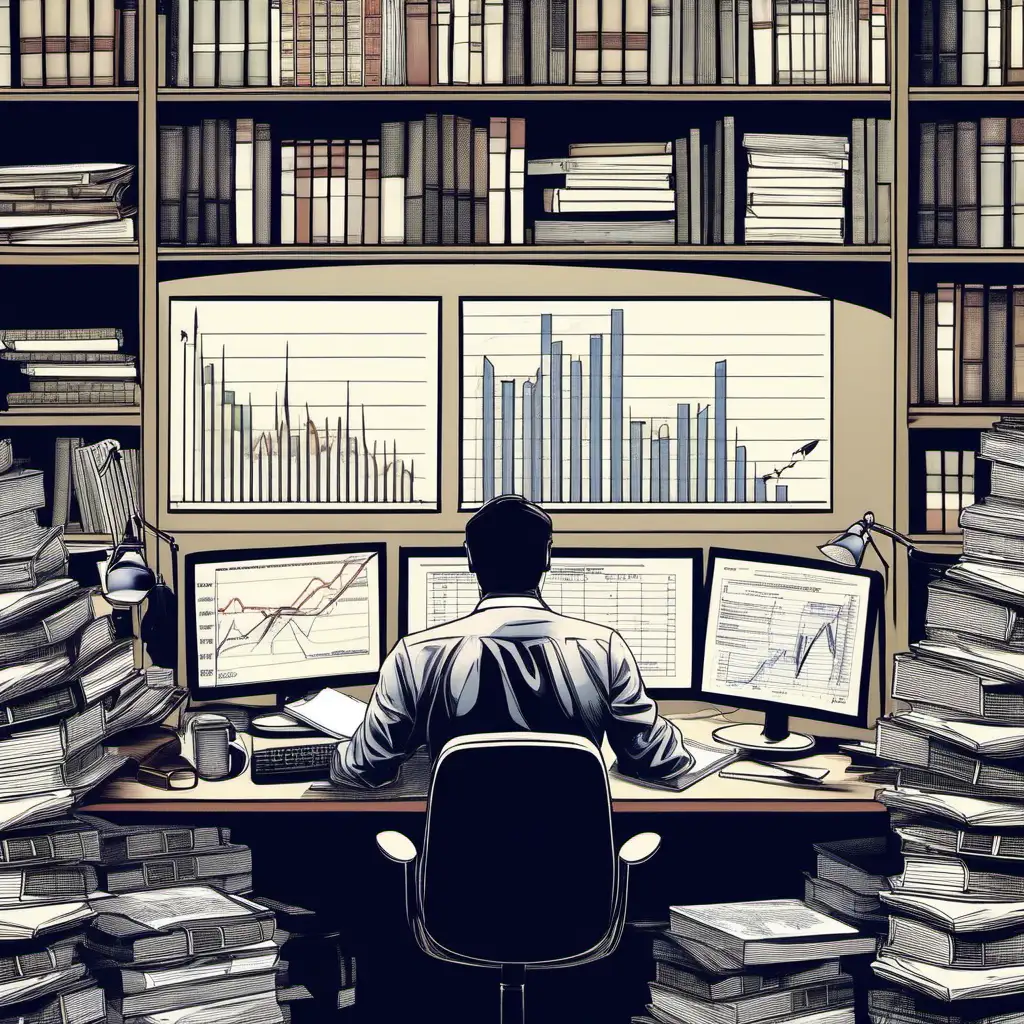 A good image that could represent someone doing research before an investor pitch might be a person sitting at a desk surrounded by books, papers, and a computer with multiple tabs open, possibly including graphs and charts. The individual could be making notes, highlighting important information, or analyzing data. This image would convey the idea of thorough preparation and due diligence before presenting a business idea to potential investors.