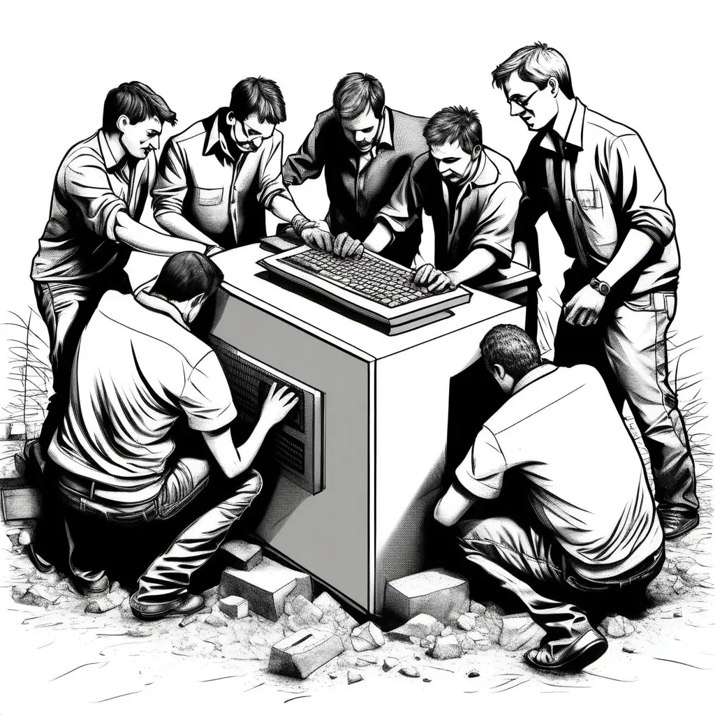 Create a hand sketch of software developers burying a server computer while partying.
All the drawing should fit in the image.
No colors. White background. No shades. Background : FFFFFF
