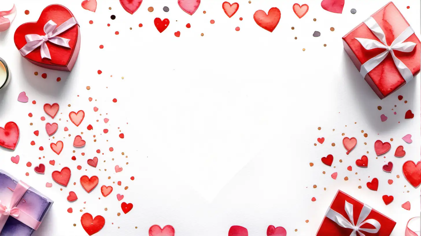 акварельный рисунок. Valentine's Day. hearts, gifts, candles, confetti on white background. Valentines day background. Flat lay, top view, copy space.