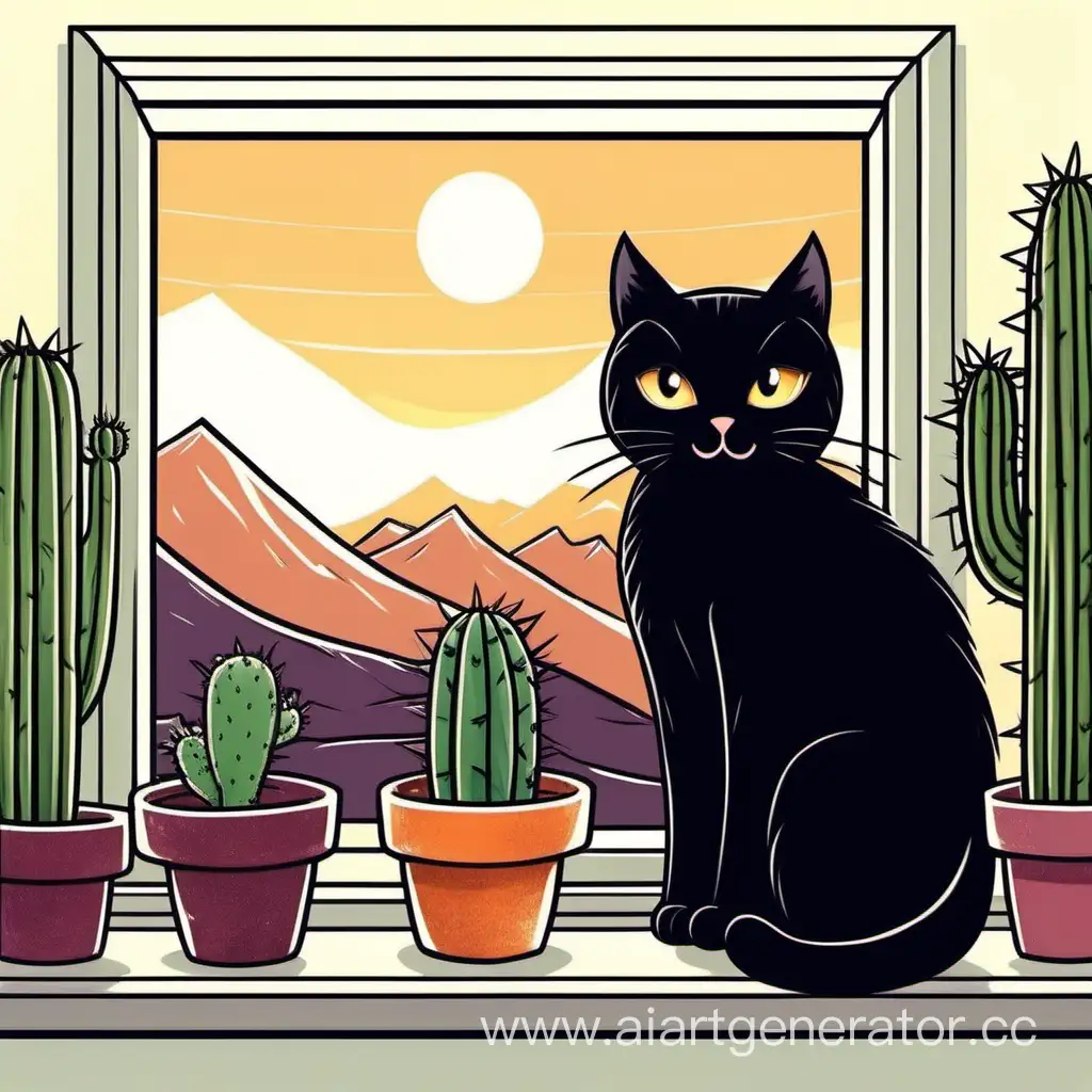 Cheerful-Black-Cat-on-Windowsill-with-Mountain-View