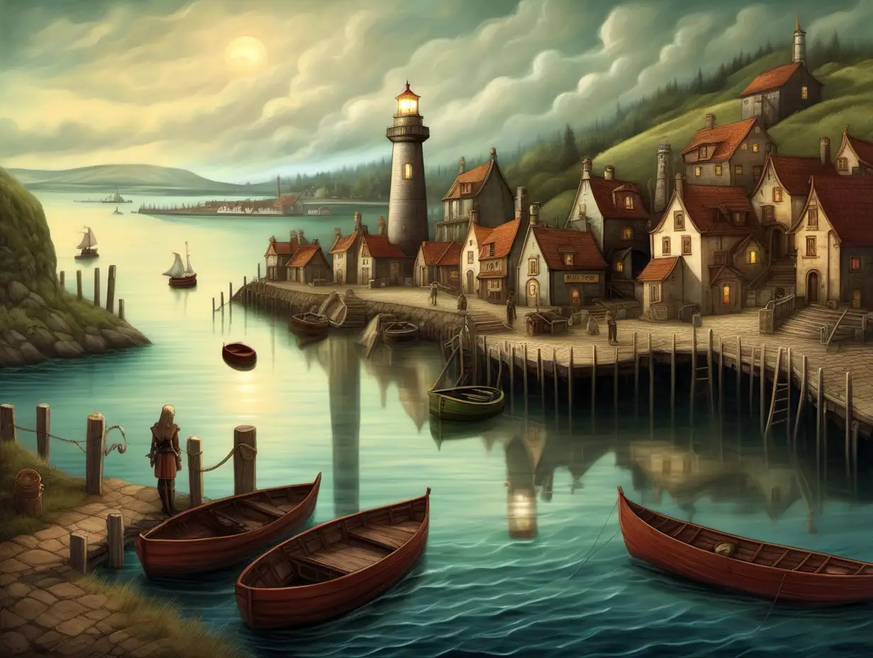 Enchanting Coastal Townscape with Lighthouse and Rowboats