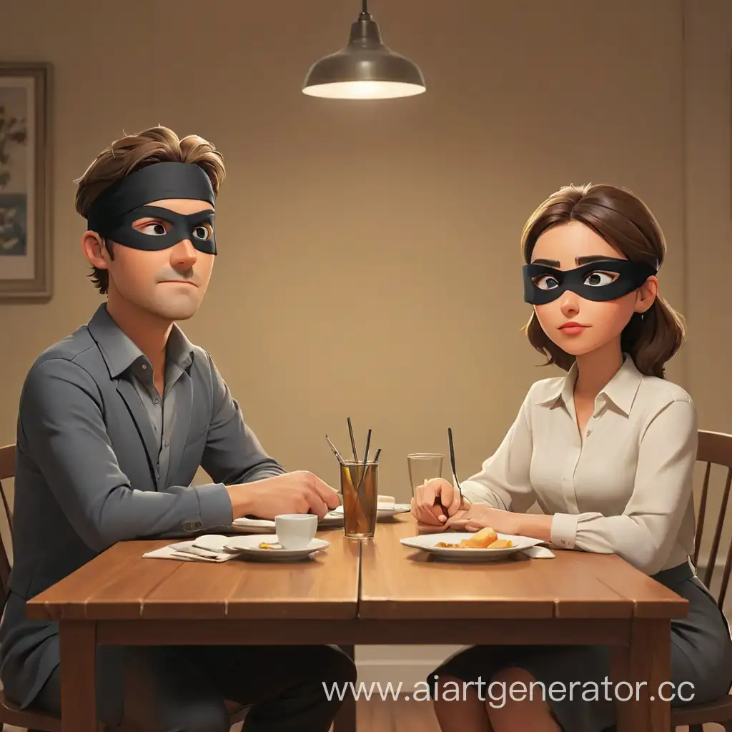 мультяшный мужчина и женщина сидят за столом напротив друг друга с завязанными глазами