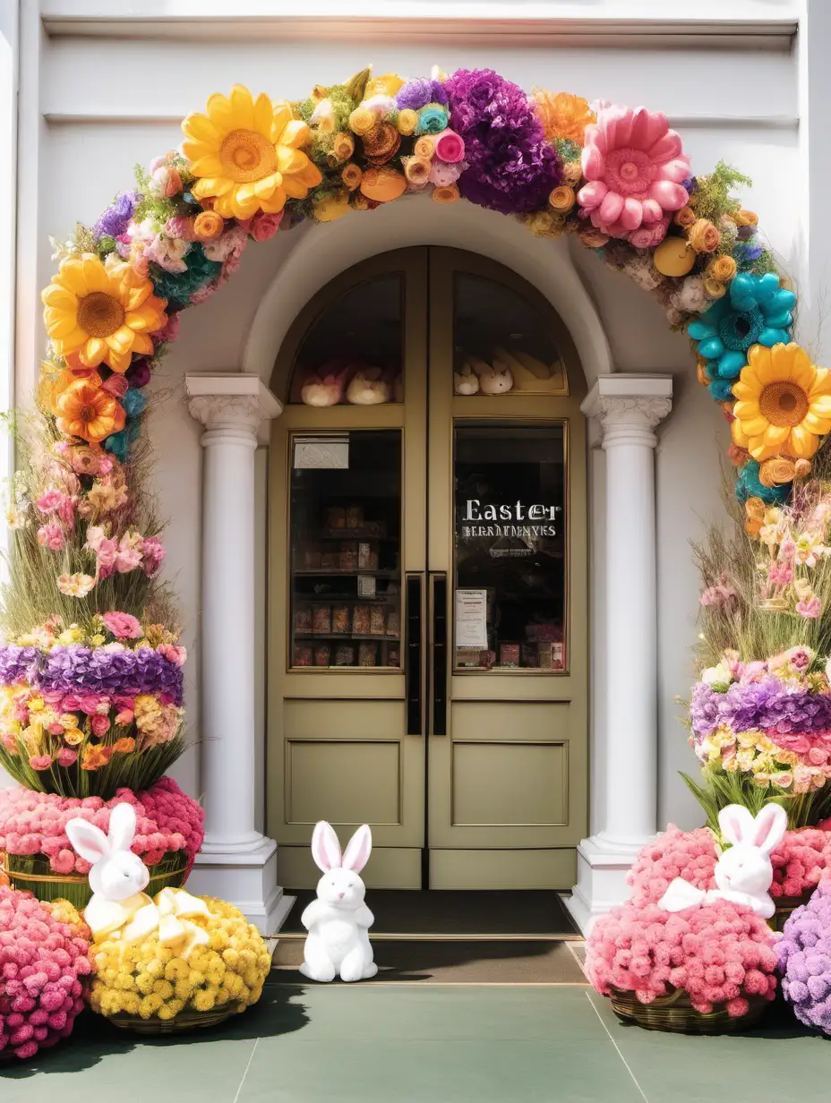 A photo of a flower shop  scene with a colorful flower arch with Easter baskets sitting on top of white pillars and two bunnies on the side the bottom is clear of space