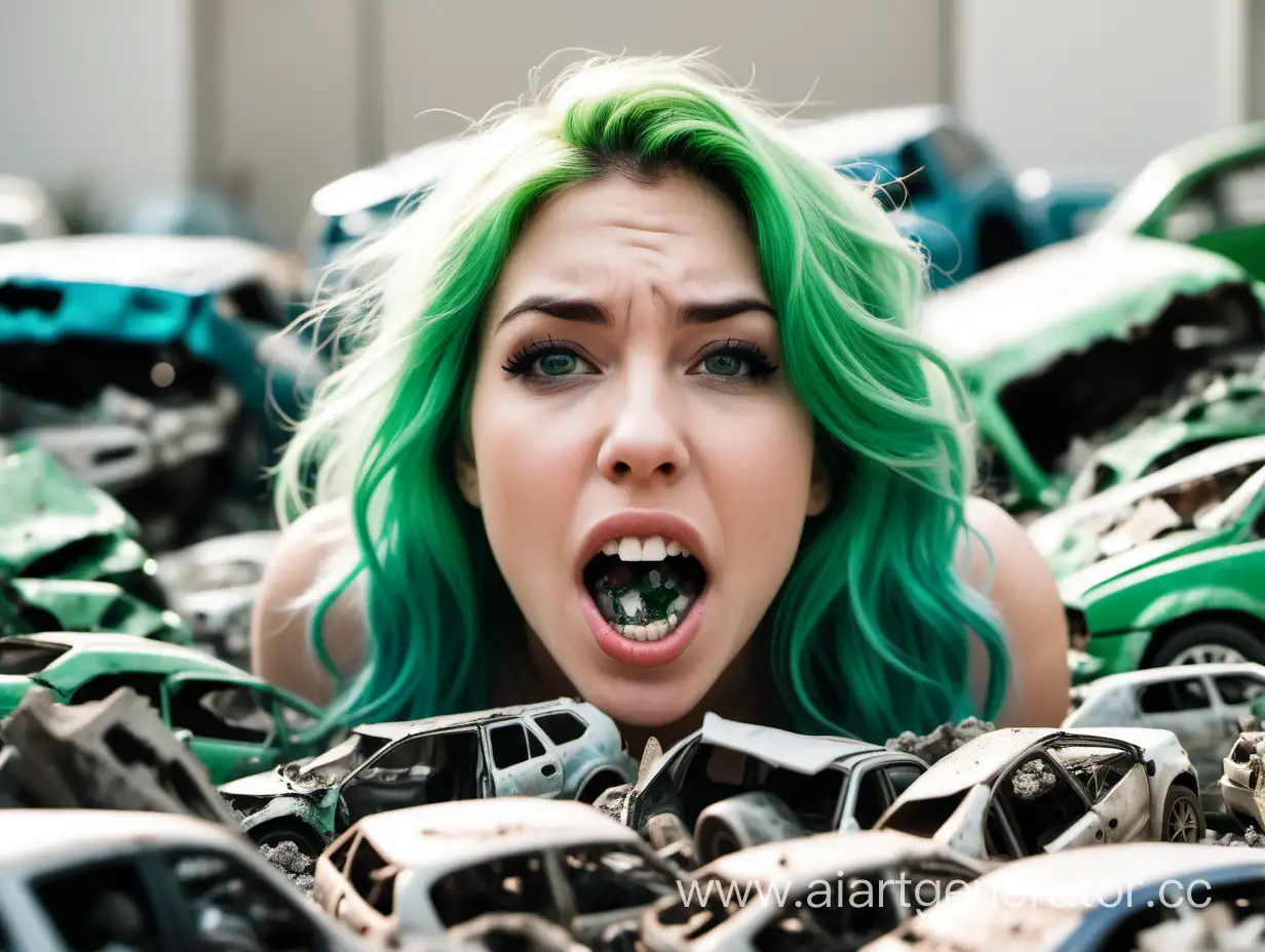 a photo of a pretty greenhaired  woman's open mouth, focus on the close-up mouth , a few small tiny crushed and wrecked cars are lying inside her mouth, a simple white background