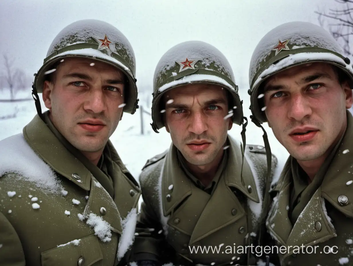 3 солдата смотрят в камеру зимой, идет снег, ссср
