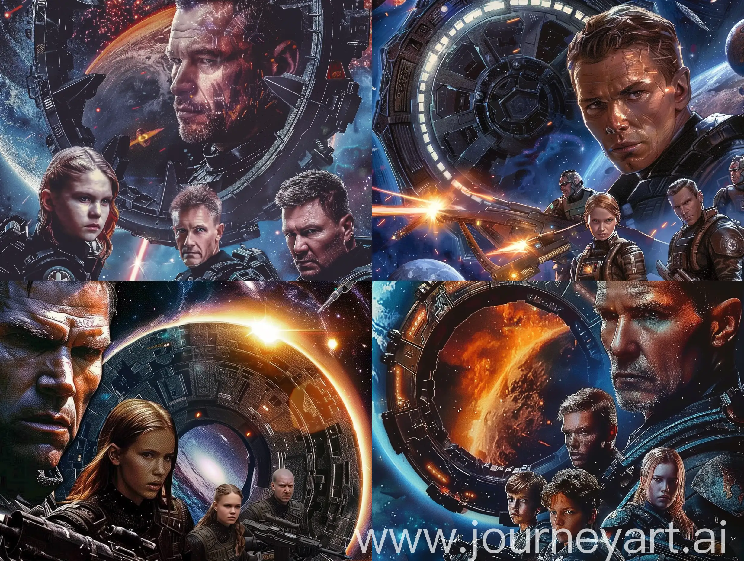 photo image for the title of a game about Star Wars, the name of the game, Stargates: The Way Home, against the background of the galaxy, a close-up of the stargate is depicted against the background of the planets, close-up Russian star warriors in special uniforms of dark shades, in combat gear, 3 men and one girl fair-haired in the hands of a weapon, realistic face of a male commander