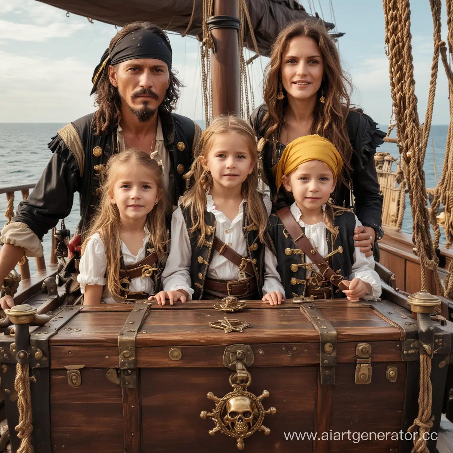 семья пиратов, состоящая из 4 человек - мама, папа и двое детей, стоят на корабле, рядом открытый сундук с золотом