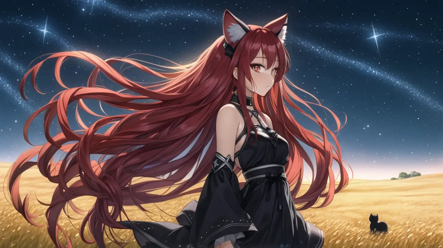 Sensual Anime Girl with Long Red Hair and Cat Ears in Starlit Meadow