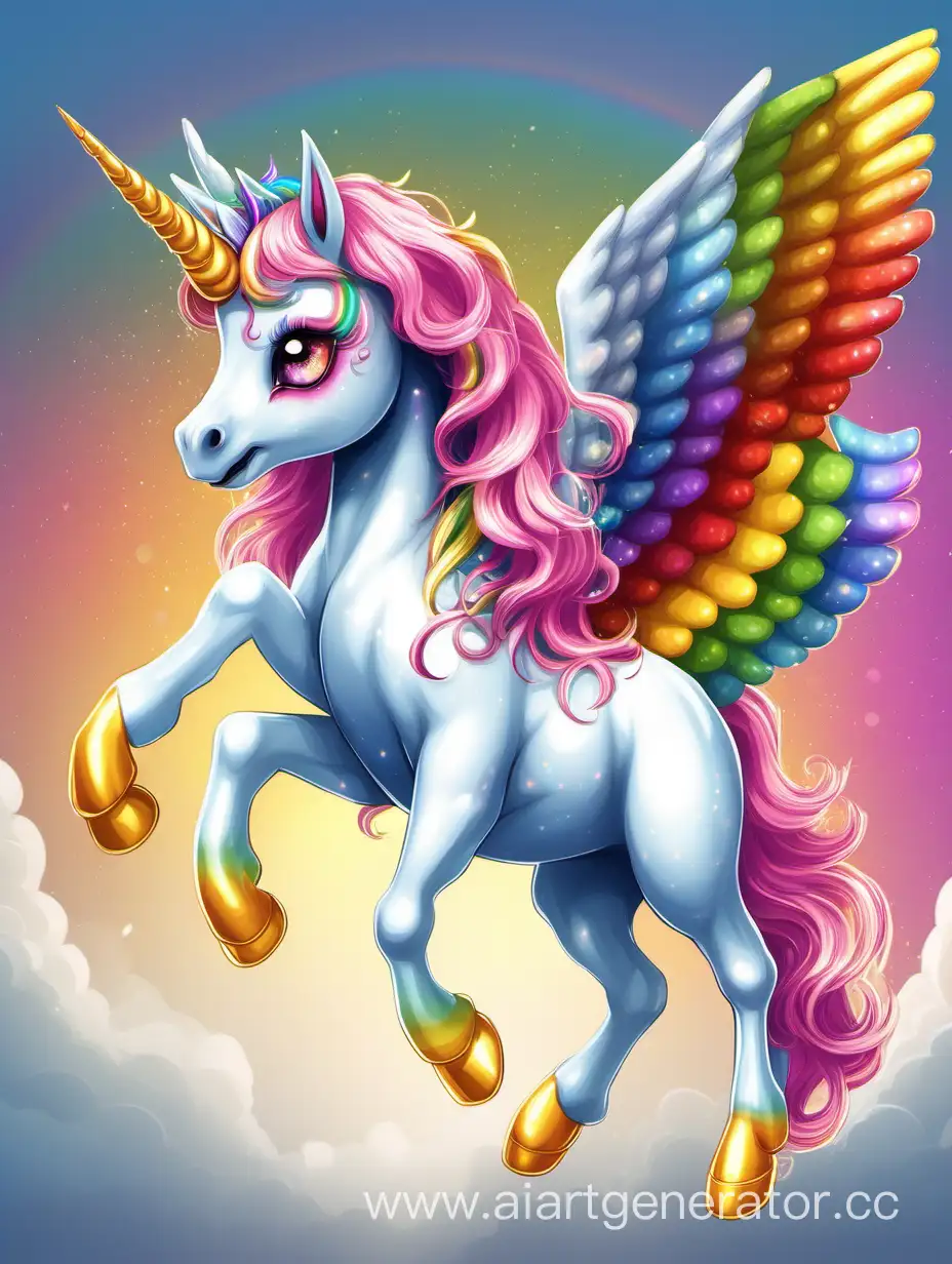 winged unicorn with rainbow hooves and cartoonish eyes