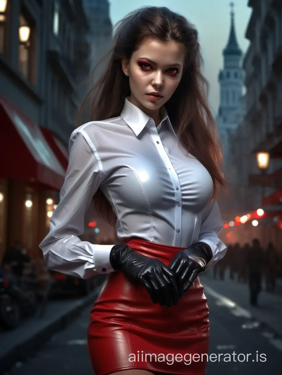 ultra-realistic, hyper-realistic photography, digital style Canon R5 f8.0, elegant 17-year-old Russian brunette with transparent white shirt open on the chest, red leather mini skirt, black leather gloves, scene set at night in an illuminated city, full face portrait provided, bright light gray eyes, 24k, intricate details, highly detailed, skin with pores and fluff, symmetrical, left side strong lighting art by vladimir volegov and Fabian Perez, art style by Edith Lebeau, long messy hair light , looking at the camera in different positions, Riccardo Federici, intricate art masterpiece, detailed face, matte painting film, poster, golden ratio, trending on cgsociety, intricate, epic, trending on artstation, by artgerm, h. r. giger and beksinski, very detailed and vibrant production cinematic character representation, extremely high quality model requested by art Spencer, 