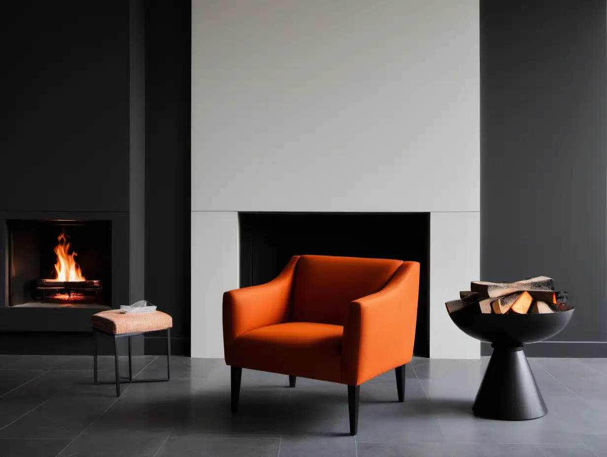 Commercial Photography, modern minimalist room interior with burnt deep orange chair and a fireplace  
