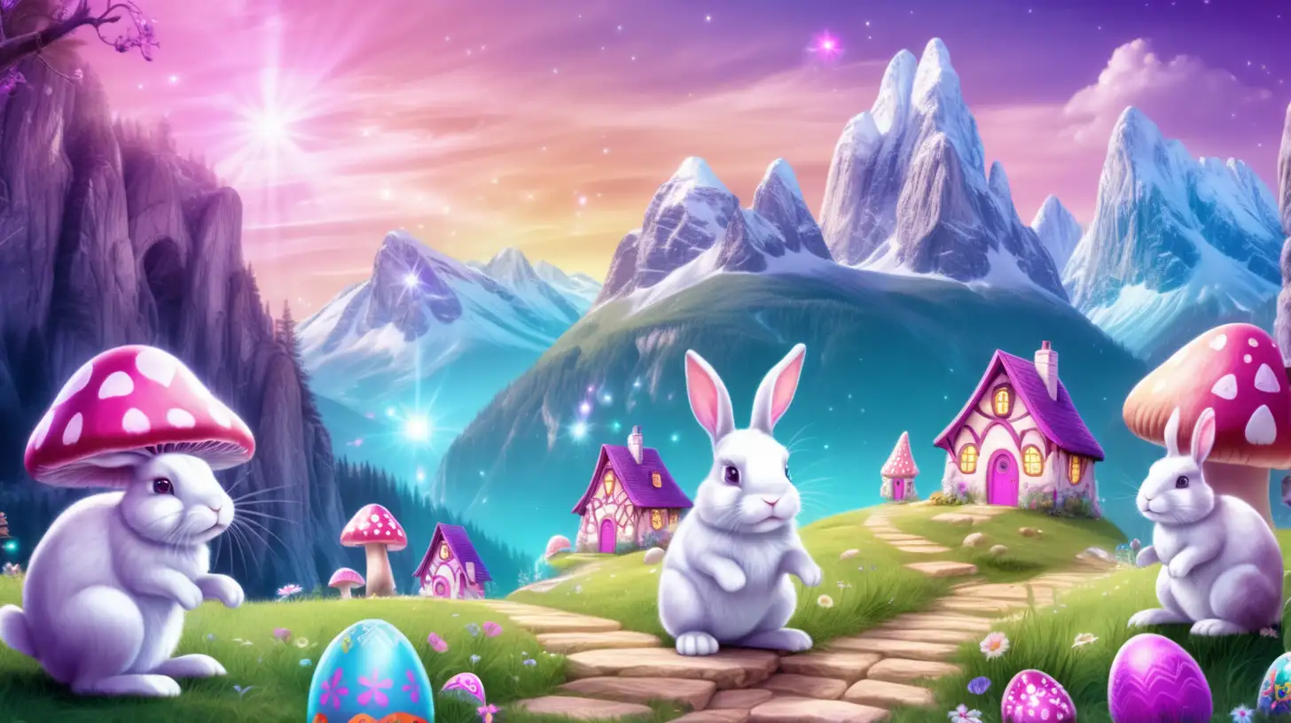 cute bunnies surrounded by Glowing Magical-Fairytale-mushroom houses with magical mountain cliffs with path and easter eggs and bright-Purple-pink-Blue-Green