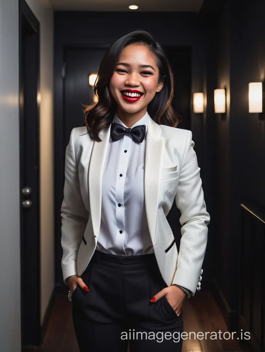 A pretty Filipino woman with shoulder length hair and red lipstick is standing in a dark room.  She is smiling and laughing.  She is wearing a tuxedo with (a white jacket) and (black pants).  Her jacket is black and open.  Her shirt is white with a black bow tie.  Her cufflinks are black.  Her hands are in her pockets.