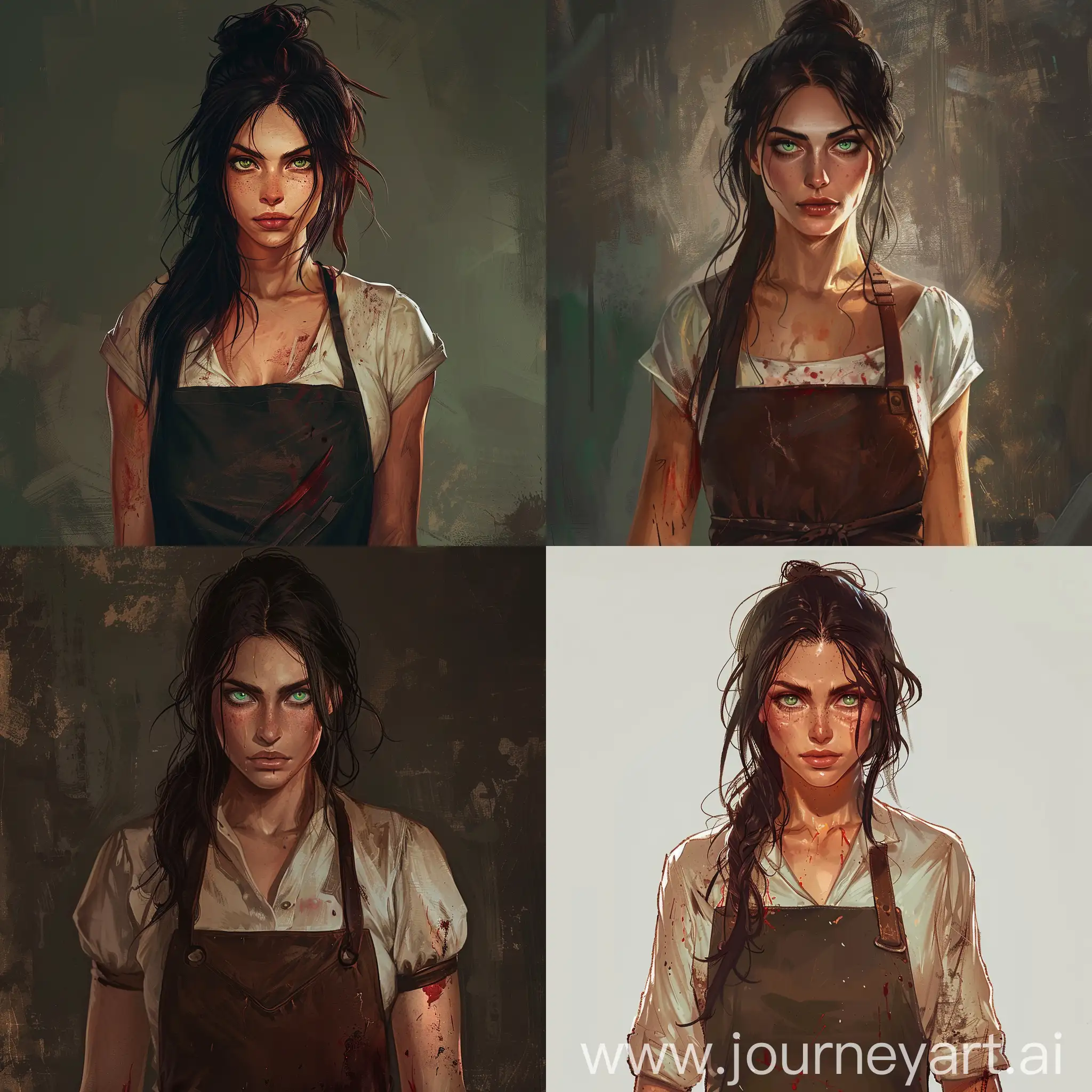 She is formidable woman in her early forties with piercing green eyes that seem to size up everyone. Her long, dark hair is often tied back in a practical bun, and her apron is always stained with the evidence of a hard day’s work. She stands tall and confident. She is a  butcher.