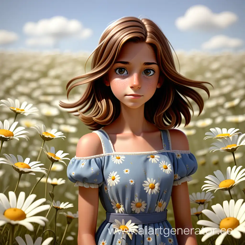 Девушка 14 лет , с коричневыми волосами   по плечи  и внутренним осветлением волос ,и карими глазами ,в поле с ромашками и ,голубом платье 