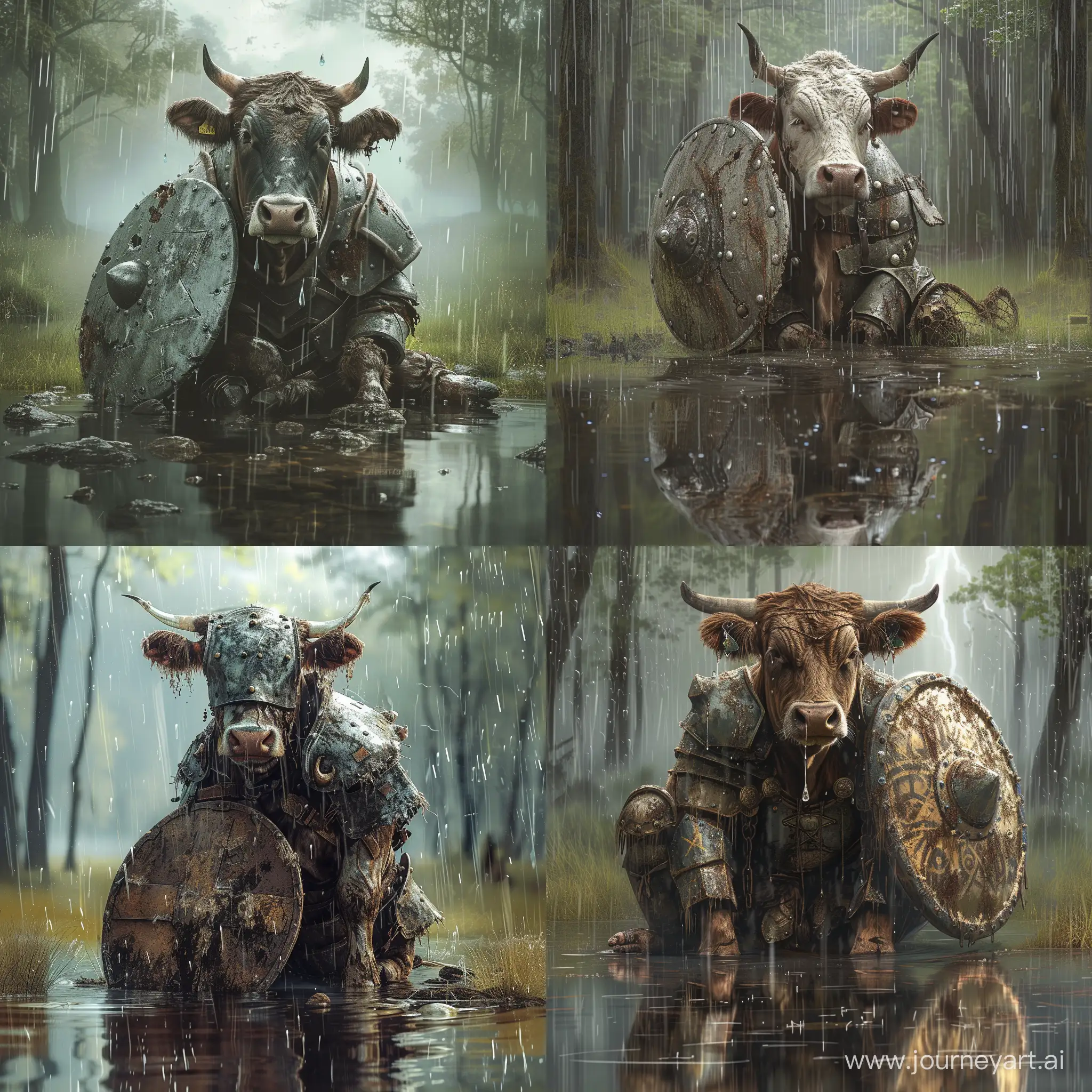 BattleWeary-Medieval-Cow-in-Enchanted-Forest-Amidst-Rain-and-Thunder