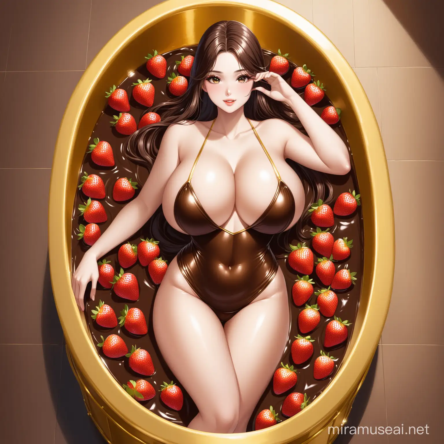 Goddesslike Woman Enjoying Luxurious Chocolate and Strawberry Bath