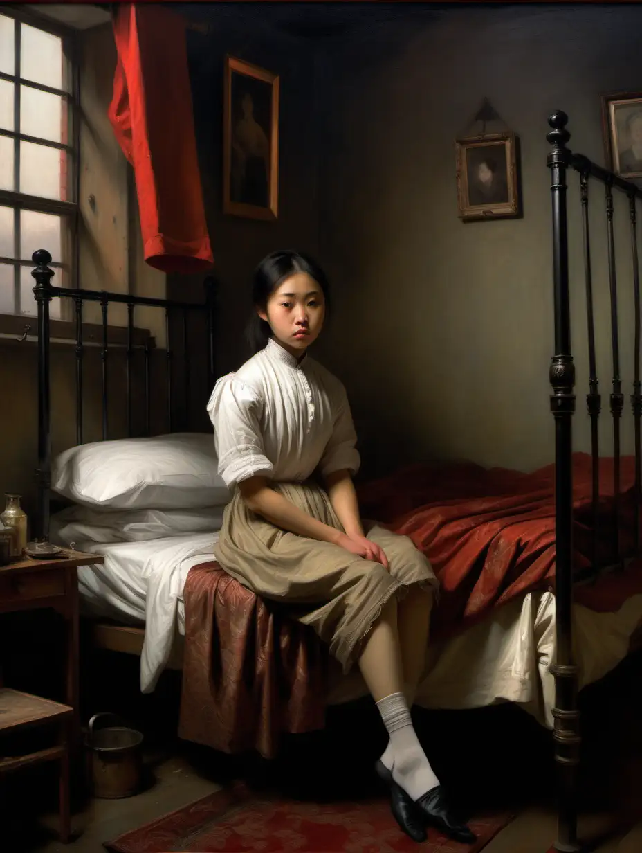 Defiant Young Adult Chinese Girl Trying on Stockings in Dimly Lit Limehouse Interior