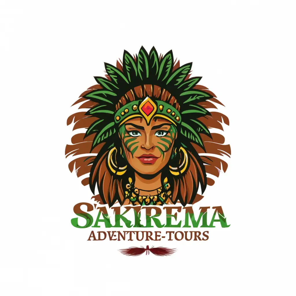 a logo design,with the text "SAKIREMA ADVENTURE TOURS", main symbol:face of sexy brown-skinned Latina features jungle goddess, wearing a feather headdress, with green eyes, tribal face paint, and a jaguar claw necklace,Moderate,be used in Travel industry,clear background