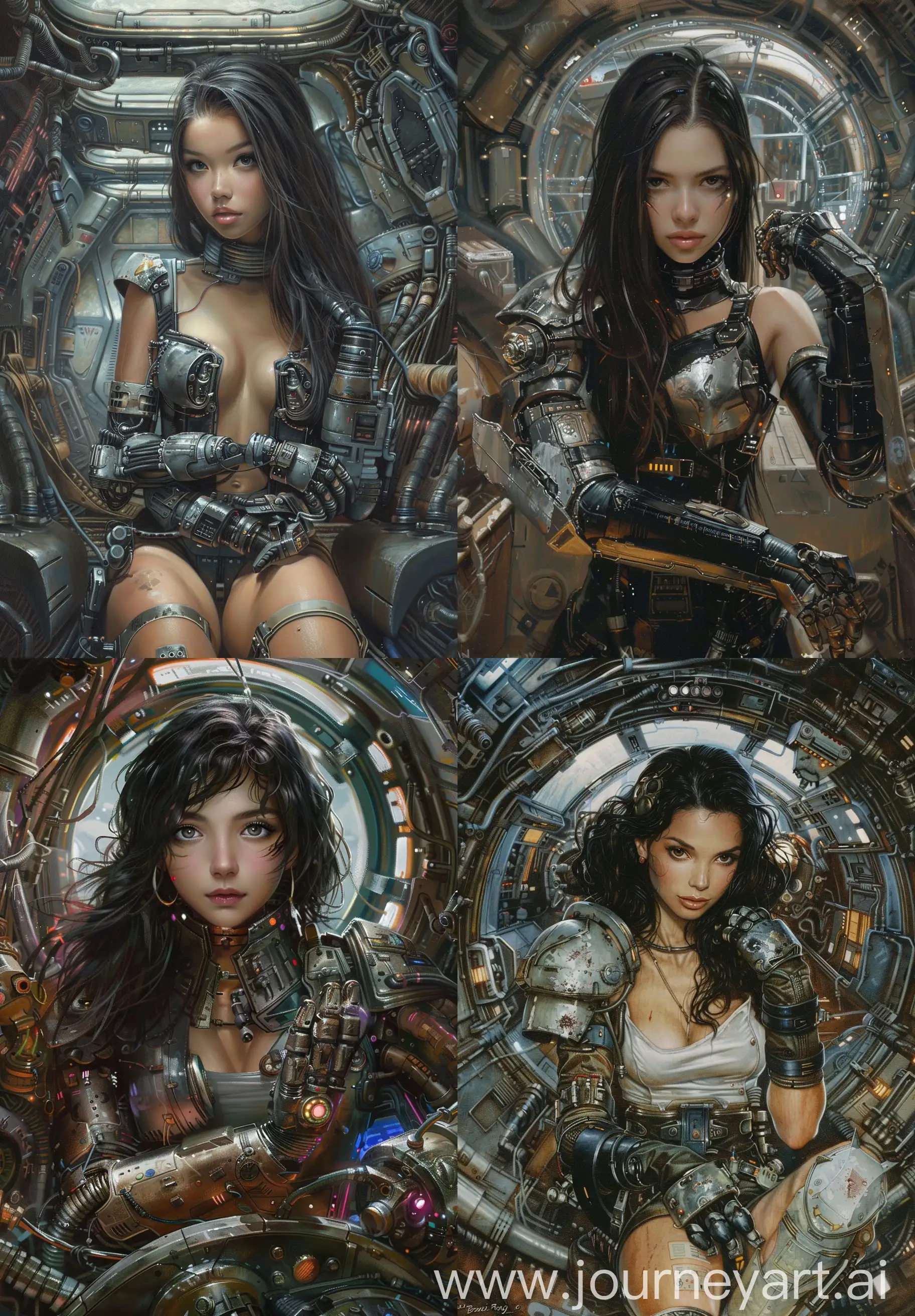 (luis royo):0.5 front View Portrait of Beautiful Buxom Dark Haired cyberMaid Wearing Gloves with armor and boots, Spaceship Interior cybermechanism and droids, Matte Painting, Mysterious, multicolor, ultradetailing, art of fantasy artists Boris Vallejo, Carne Griffiths, and Wadim Kashin --v 6.0 --ar 9:13 --s 99