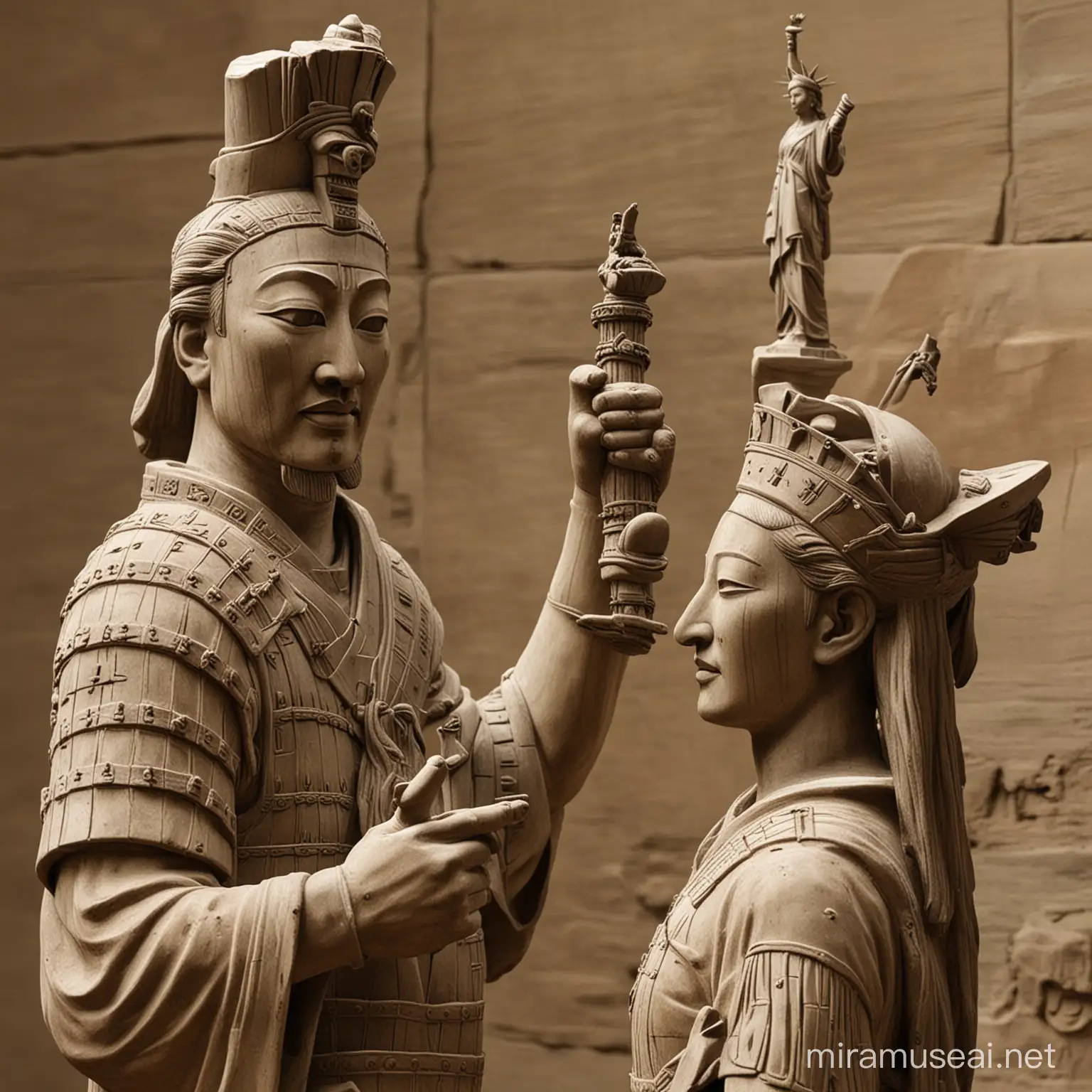 Terracotta Warriors Holding Statue of Liberty Unique Fusion of Ancient and Modern Icons