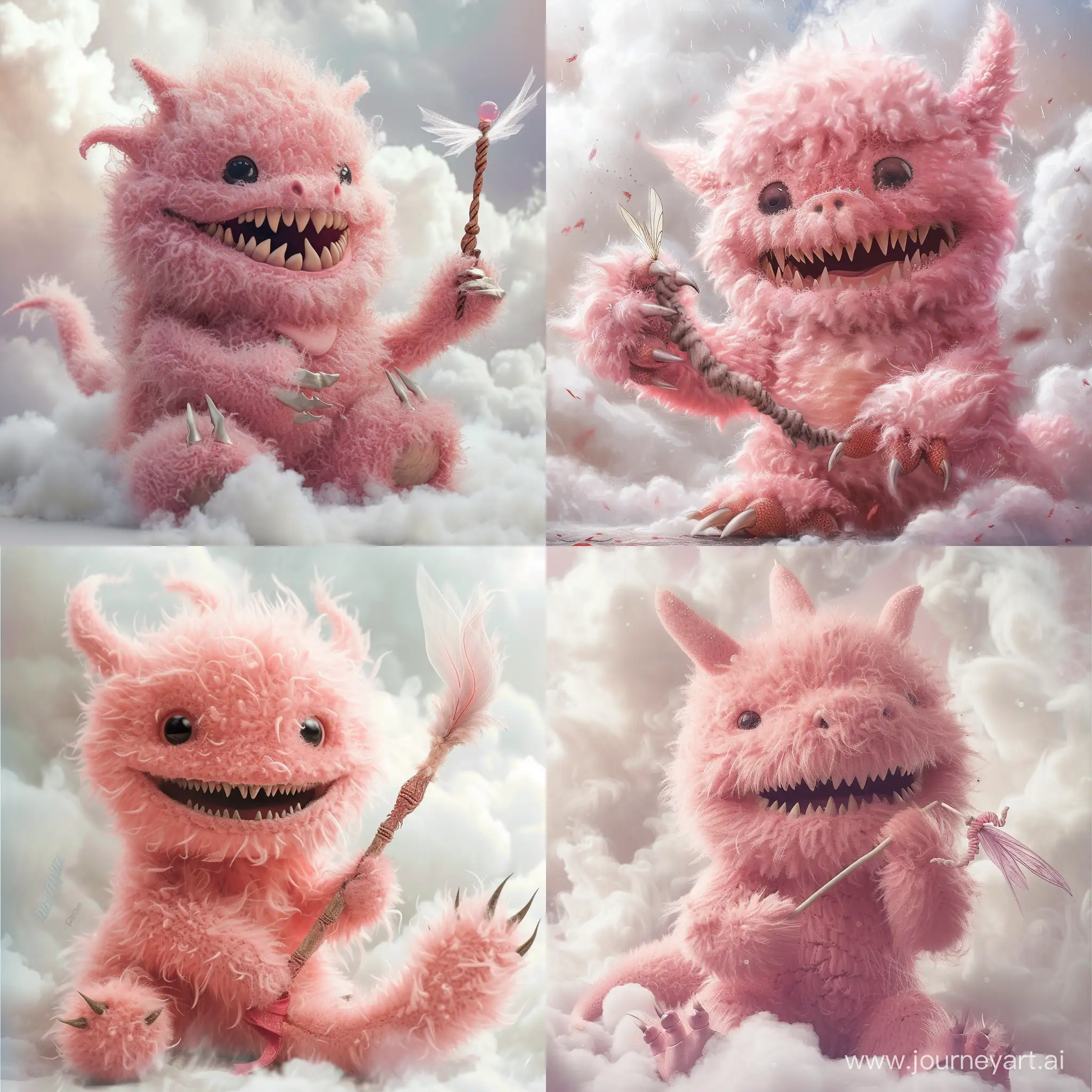 A cute pink dragon, plush, with no one.The dragon has fur, the background is a white and thick cloud, the dragon is a little cuter, holding a fairy wand with its claws, grinning.The dragon is covered in a lot of fluff, its mouth grinning with bared teeth, and one of its feet lifted up happily.