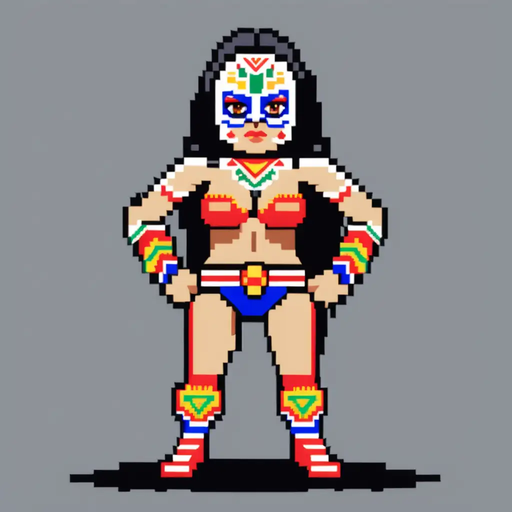forty years old female, long hair,  from chihuaha Mexico,  turns into a mexican luchador ,  on pixel art format 8 bit 
