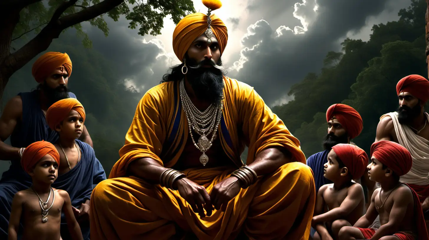 Sikh warrior (full clothed) reagal and strong, yet humble, with his four young sons (6 and 8 years old - with no beards, 16 and 18 with beards) set 300 years ago, surrounded by harsh jungle, dark, gloomy, lightening strikes in the background, he is looking up to the skies, pleading for intervention, his face can not be seen, with peace and solace, yet yearning, down on his knees, looking up to the sky chiaroscuro enhancing the intricate details, in a digital Rendering “v6”