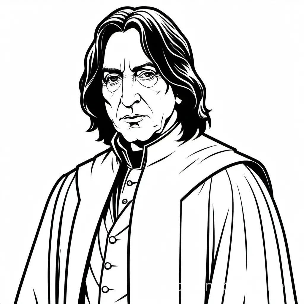 Severus Snape, Coloring Page, black and white, line art, white background, Simplicity, Ample White Space. The background of the coloring page is plain white to make it easy for young children to color within the lines. The outlines of all the subjects are easy to distinguish, making it simple for kids to color without too much difficulty